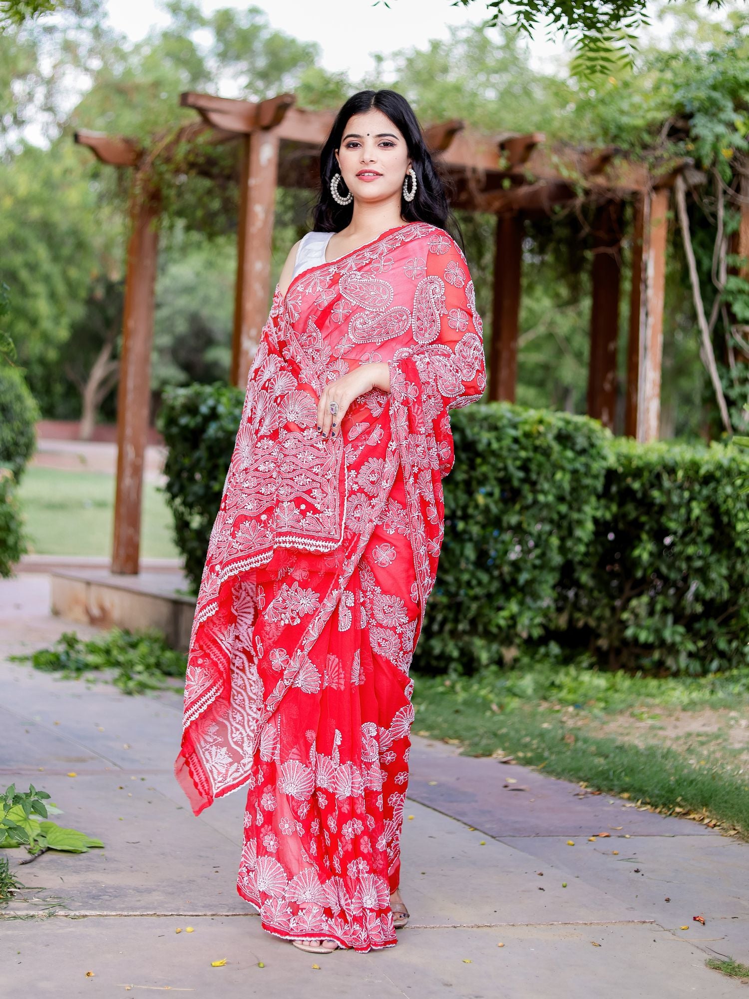 Pure Georgette Lucknowi Work Pink Saree