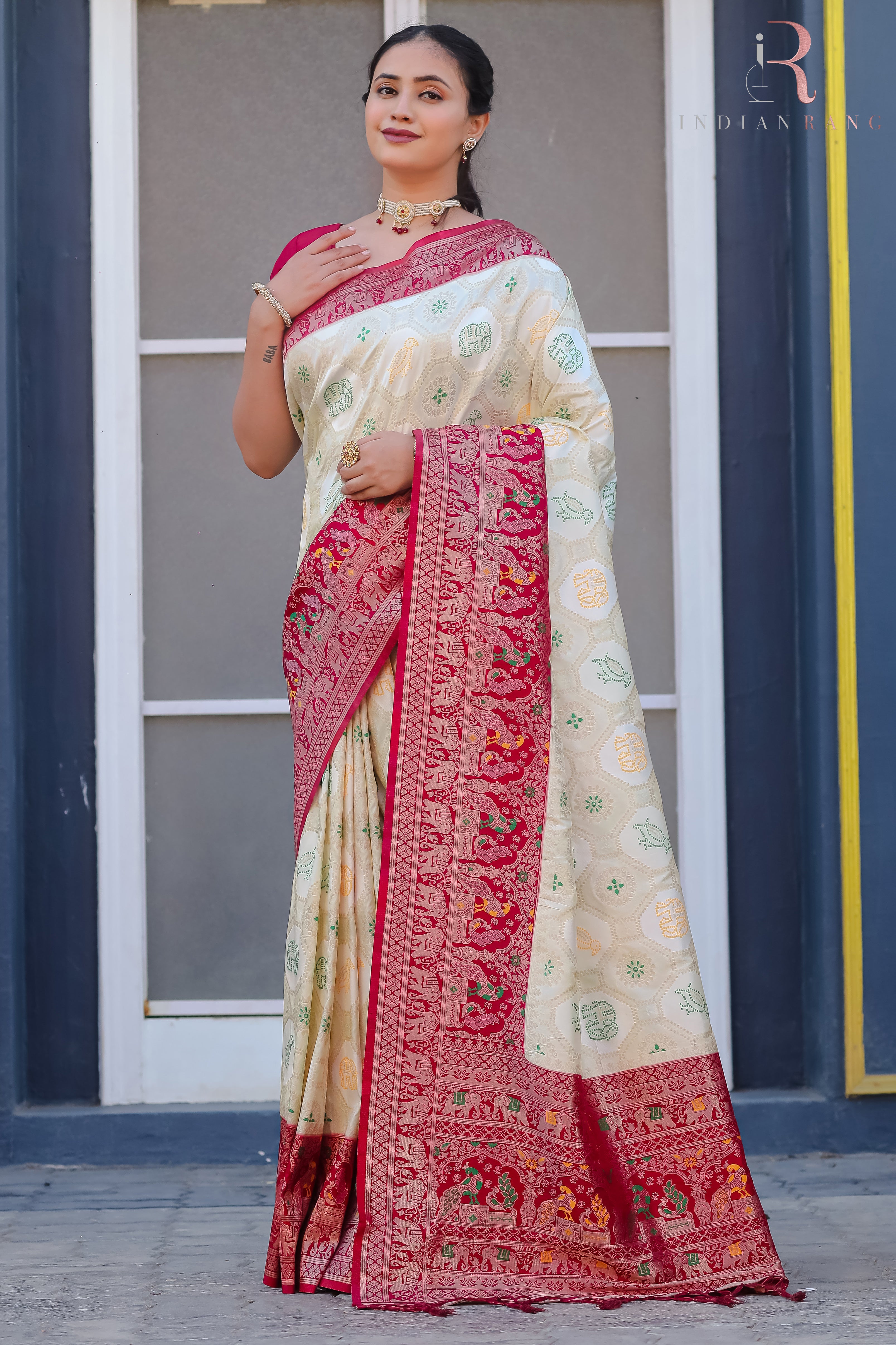 Latest Design White & Pink Dola Silk Soft Saree