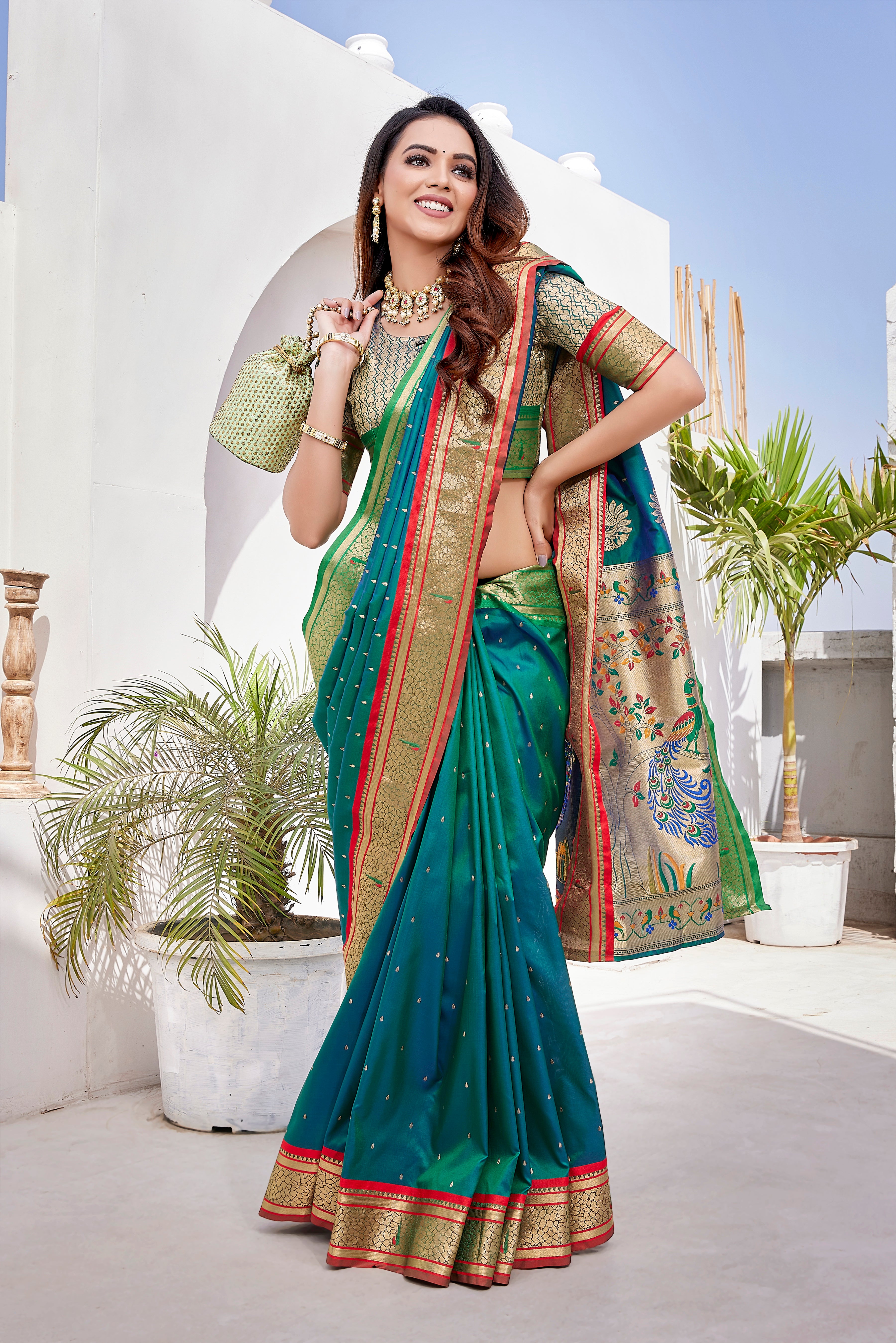 Beautiful Paithani Silk Dark Green Saree