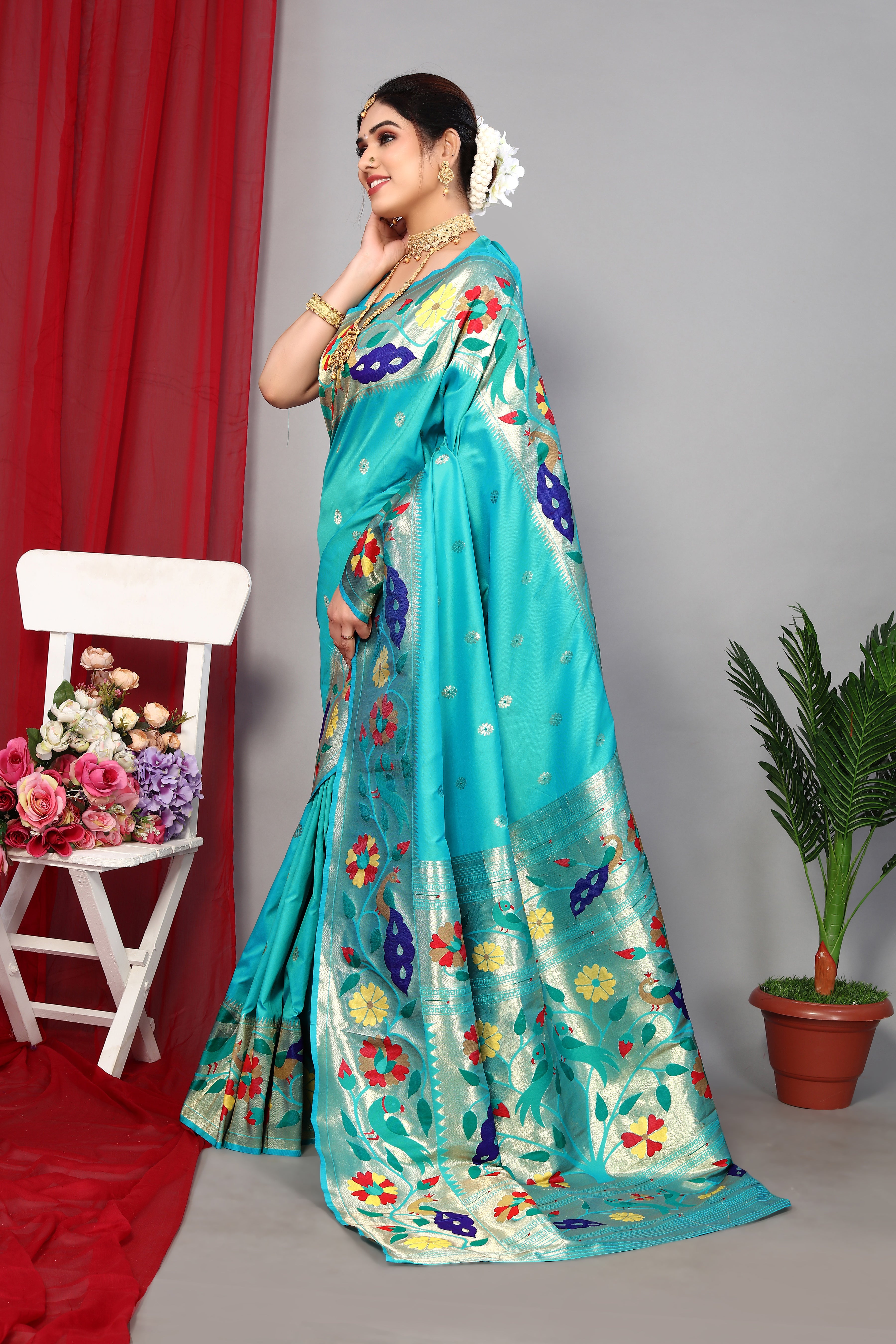Unique Sky Blue Color Paithani Silk Soft Saree
