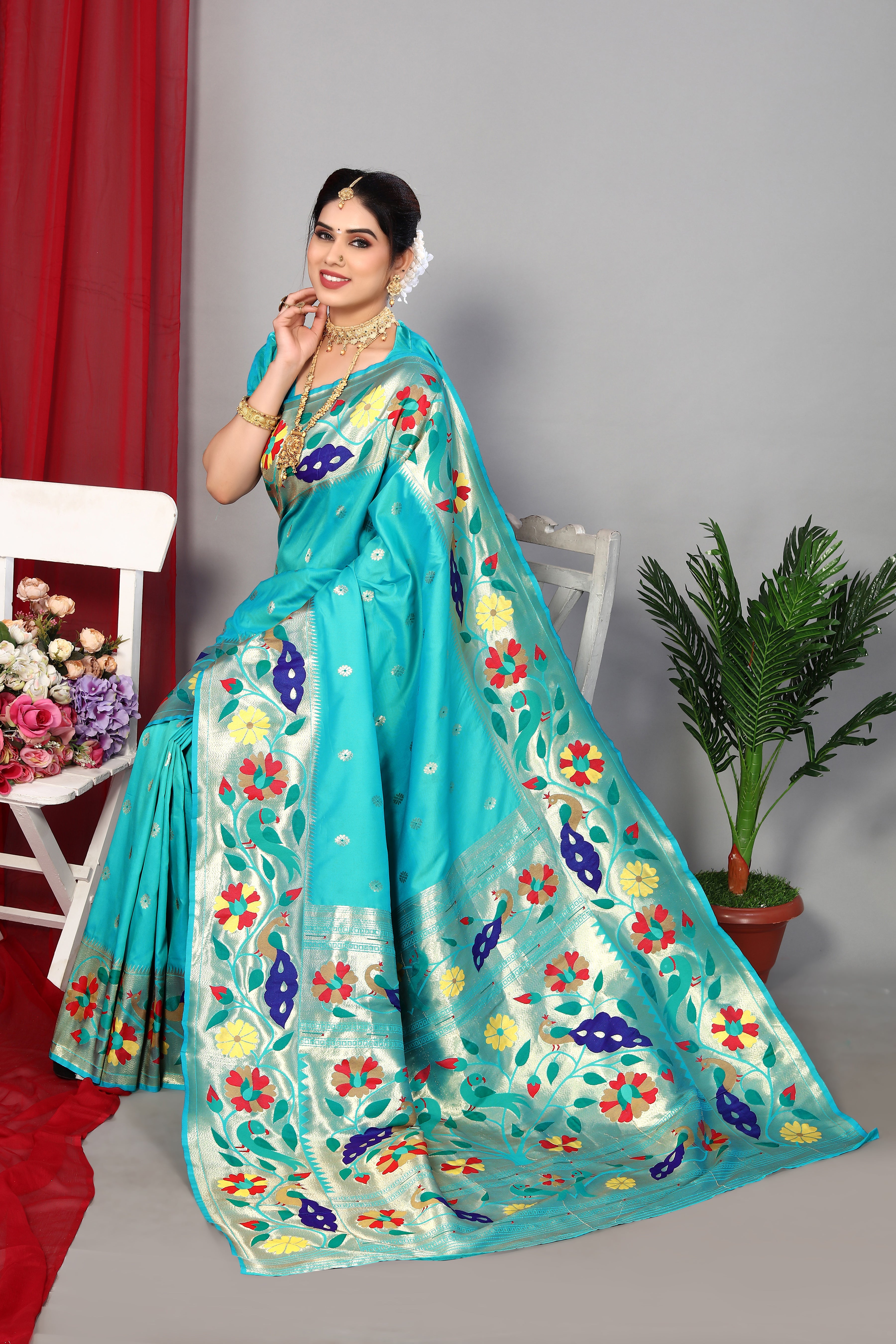 Unique Sky Blue Color Paithani Silk Soft Saree