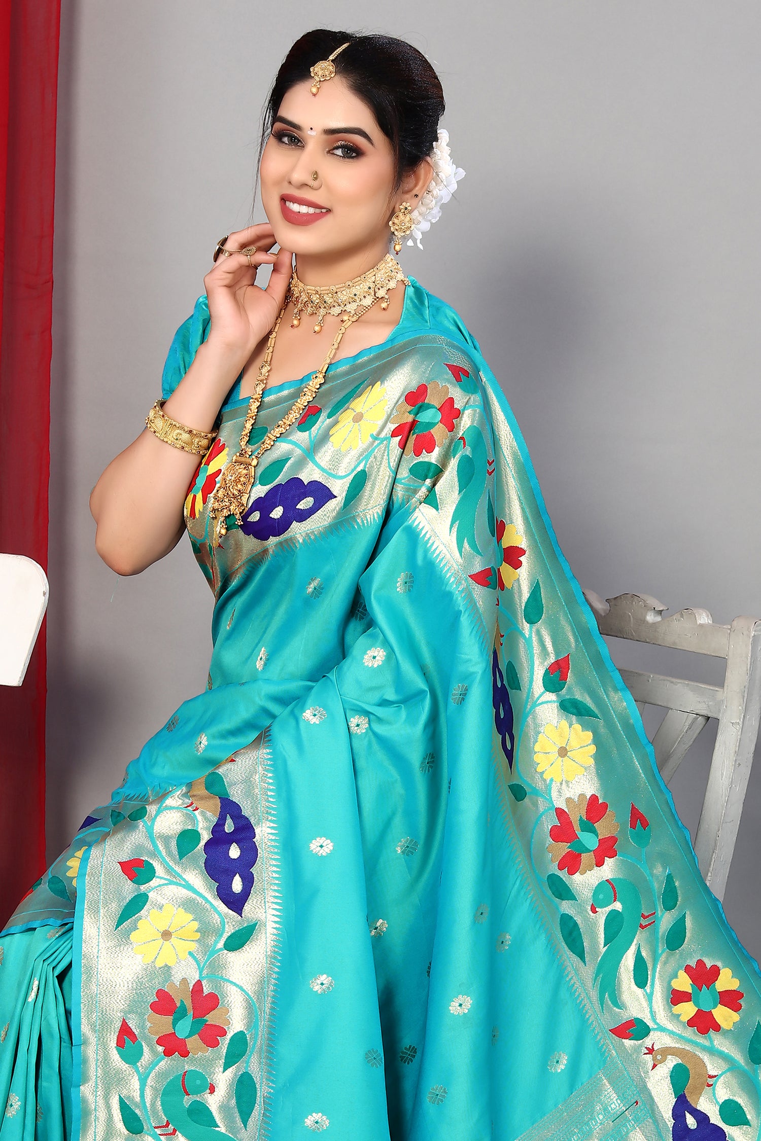 Unique Sky Blue Color Paithani Silk Soft Saree