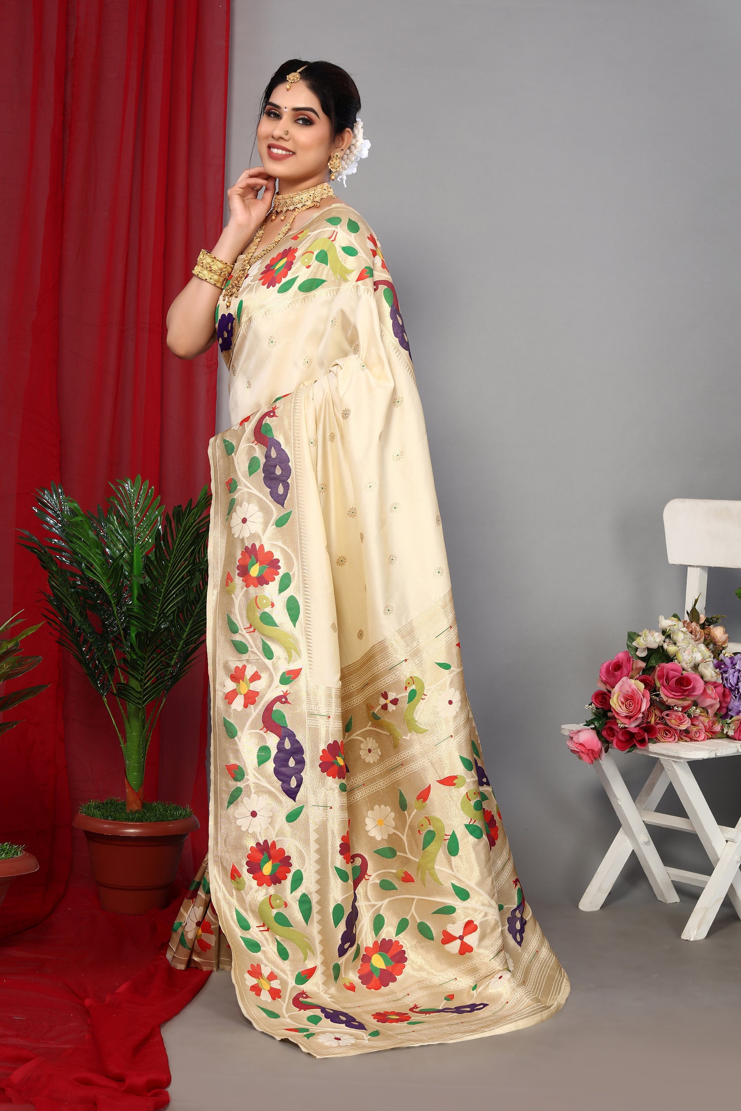 Exclusive Paithani Silk Cream Color Saree