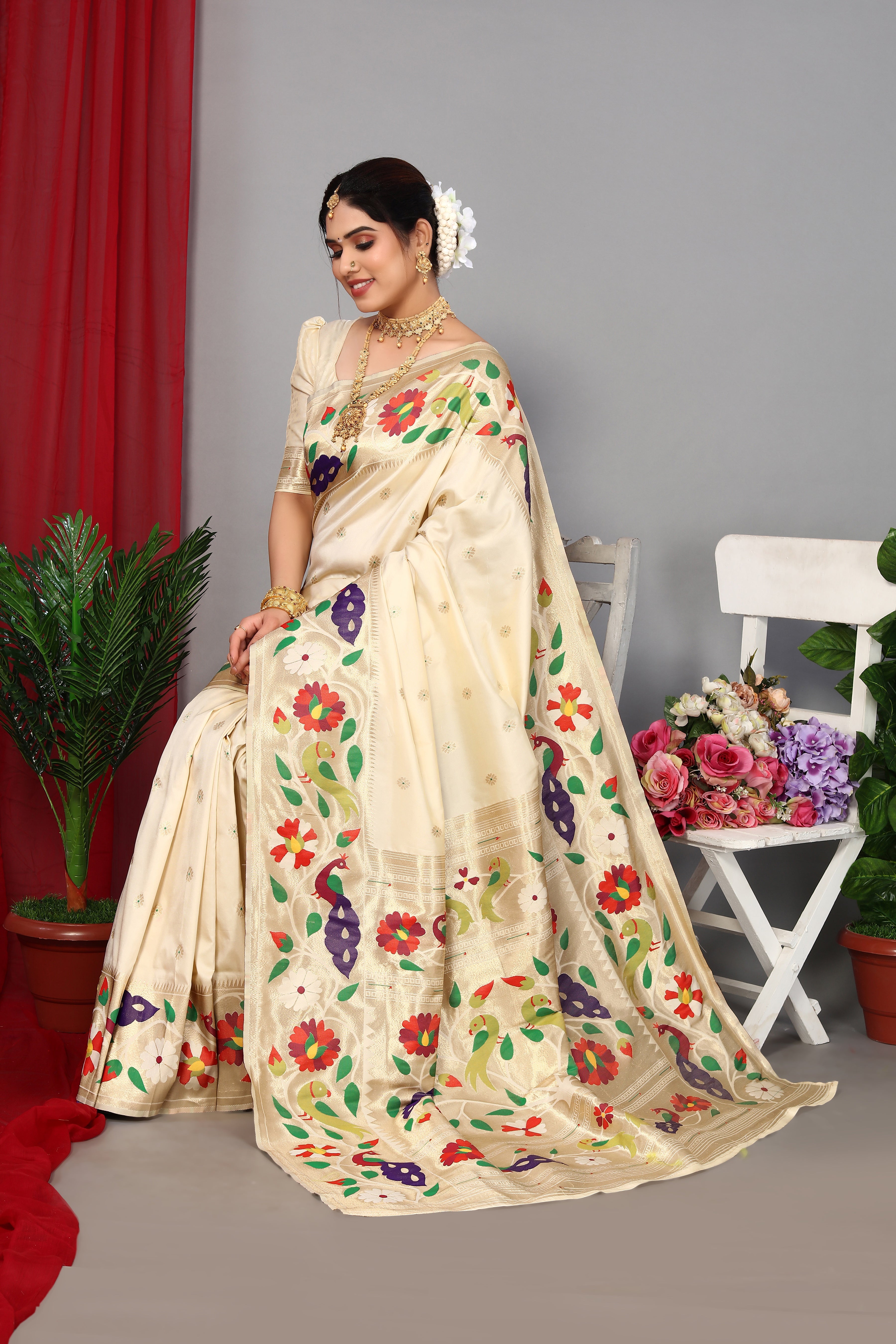 Exclusive Paithani Silk Cream Color Saree