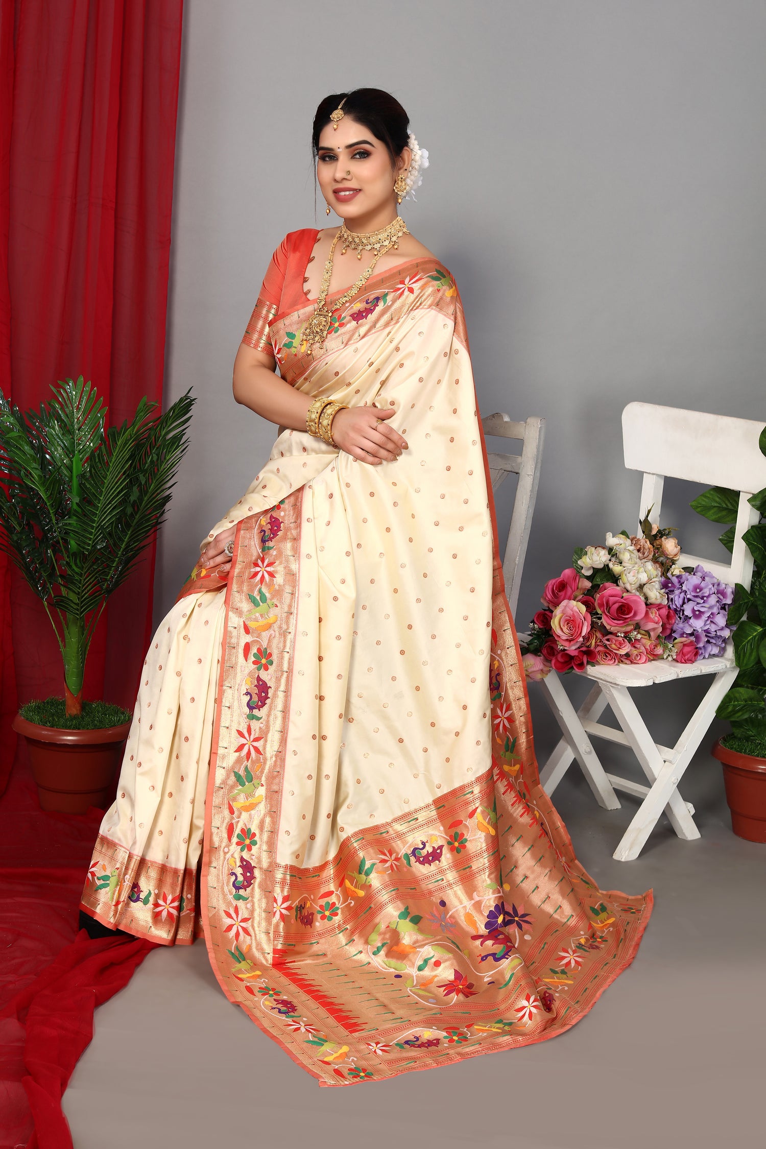 Luxury Paithani Silk Cream Color Saree