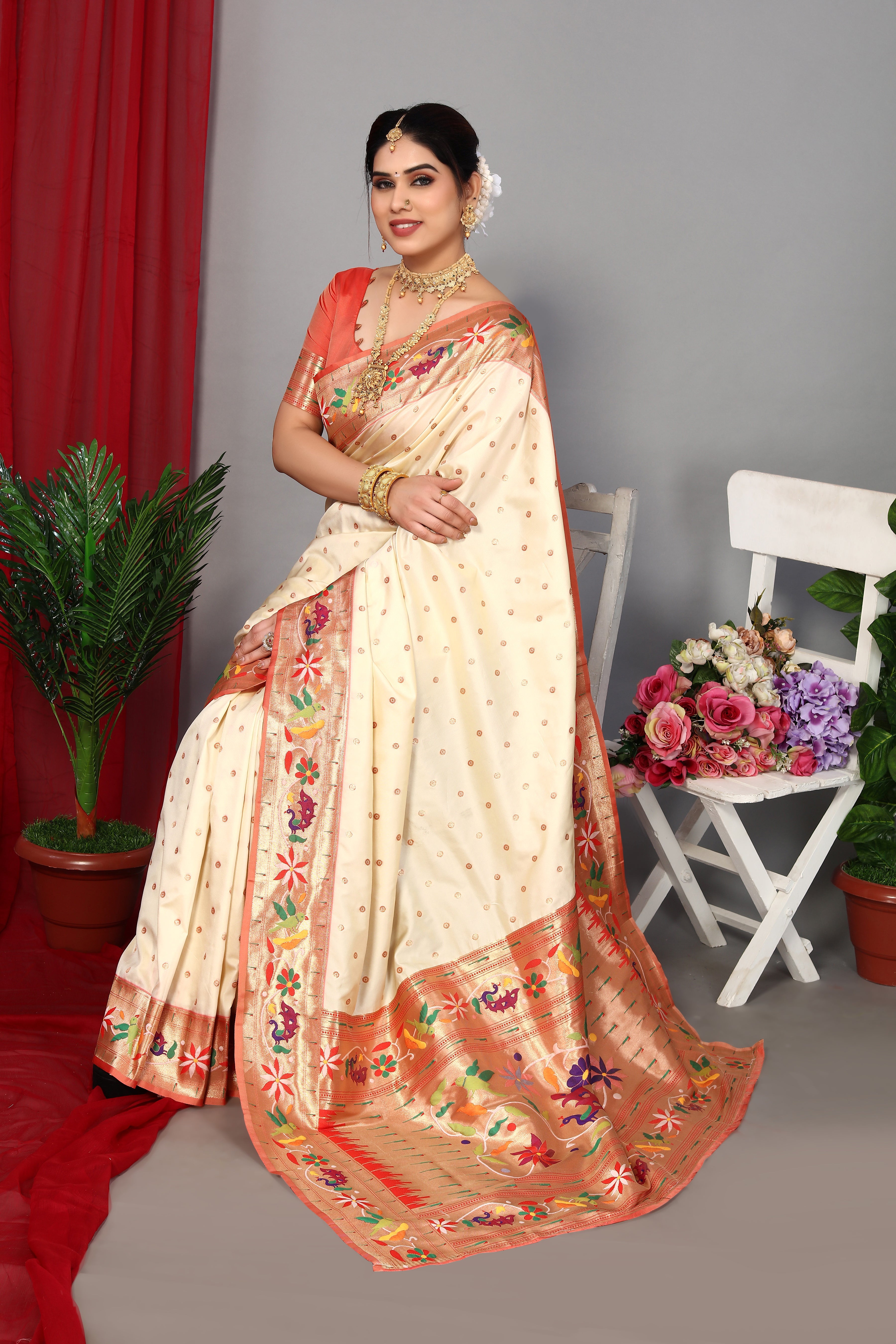 Luxury Paithani Silk Cream Color Saree