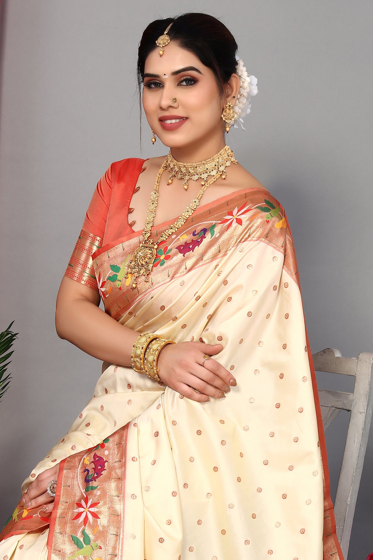 Luxury Paithani Silk Cream Color Saree