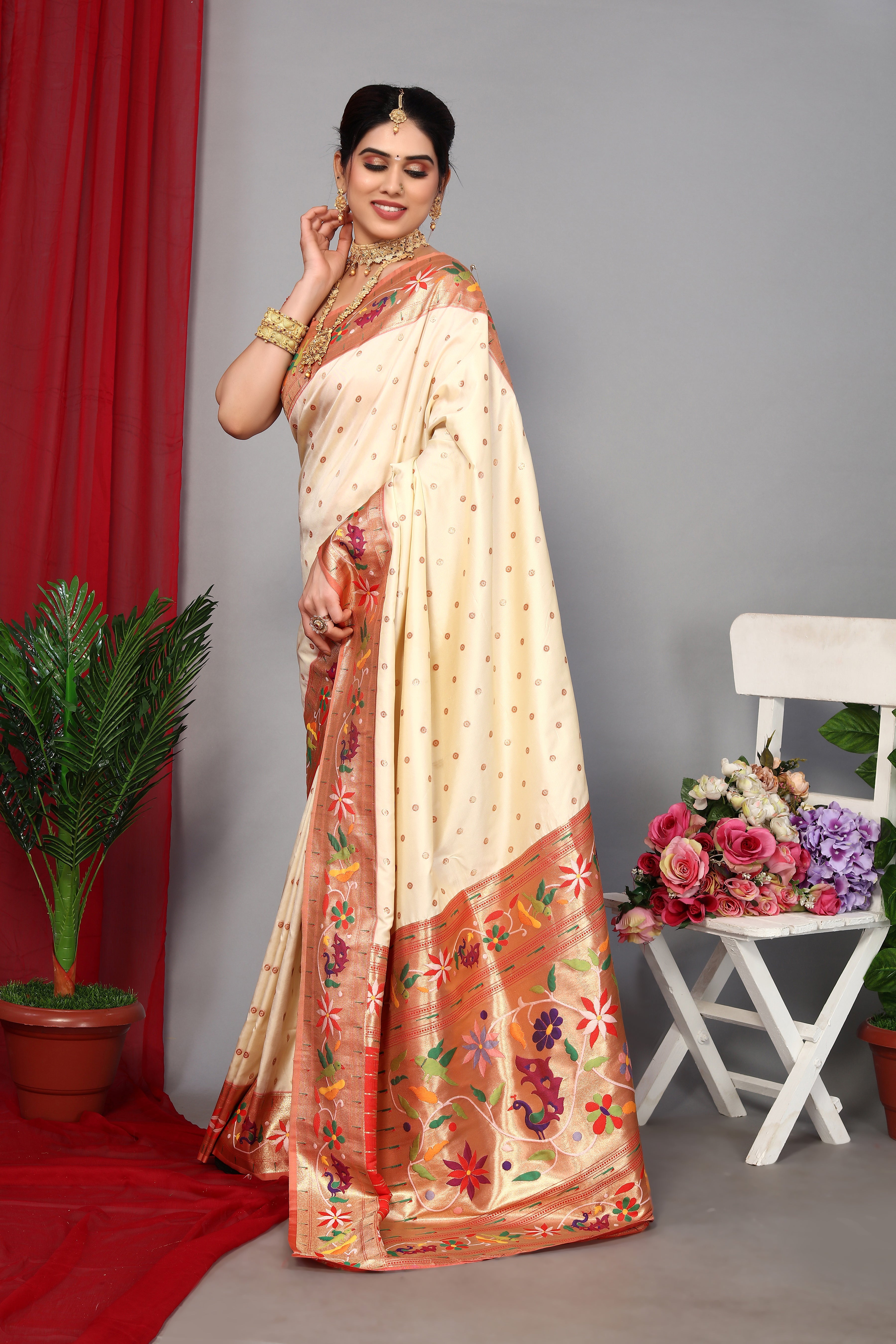 Luxury Paithani Silk Cream Color Saree