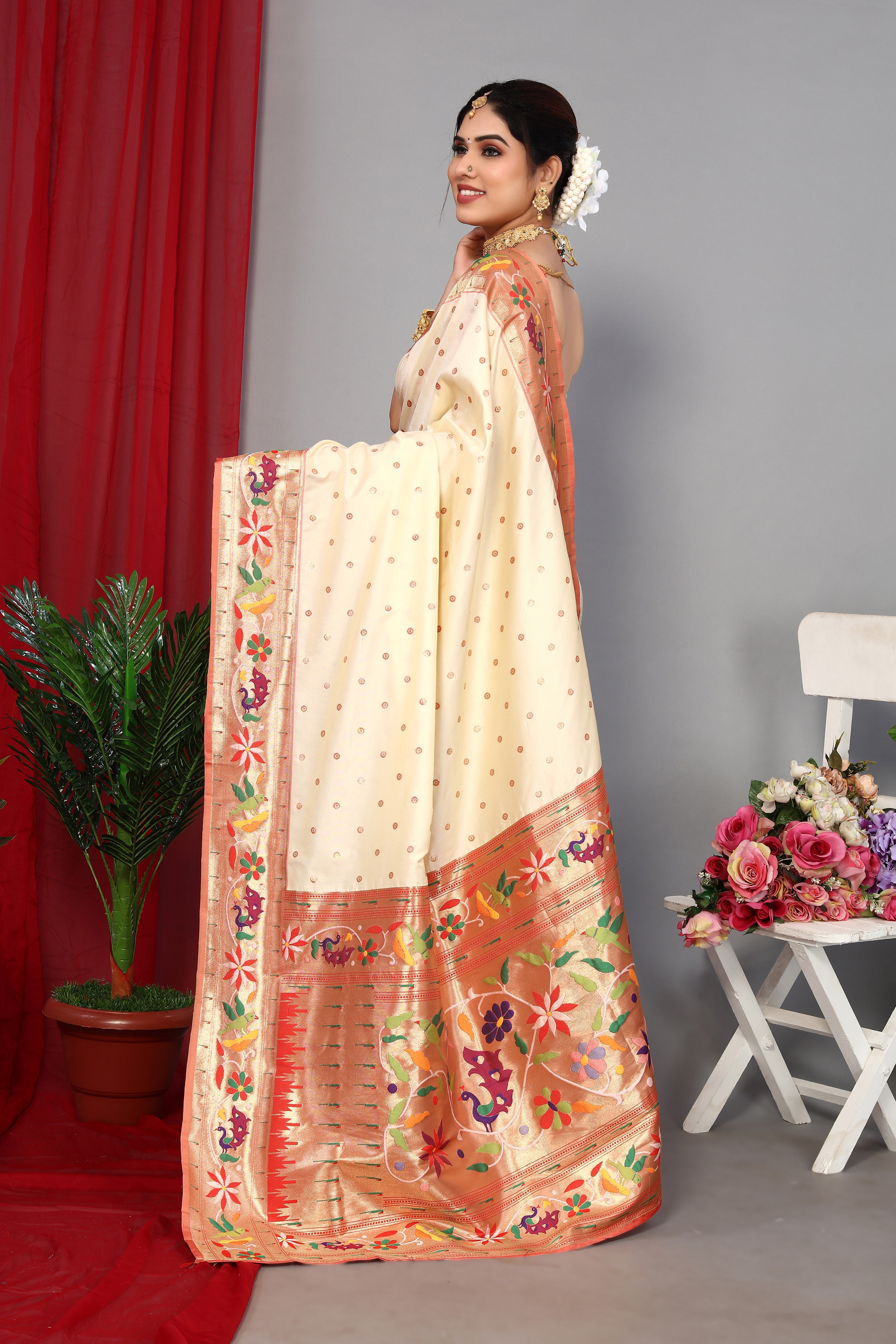Luxury Paithani Silk Cream Color Saree