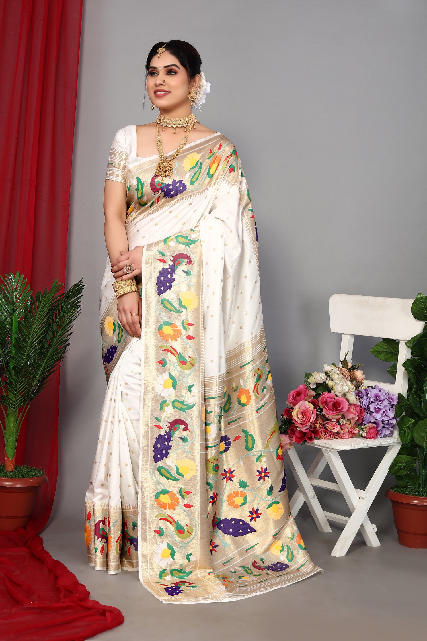 Latest Design White Color Paithani Silk Soft Saree