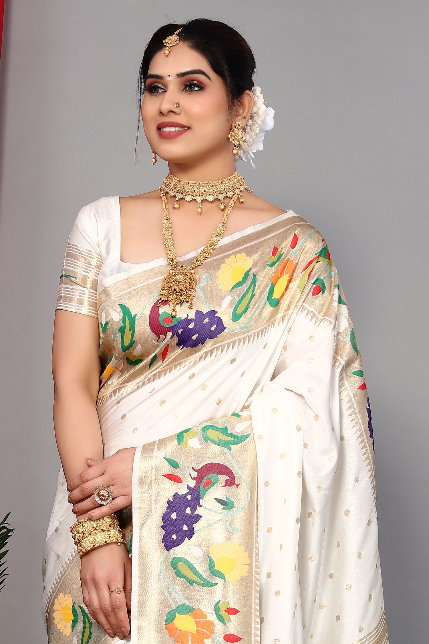 Latest Design White Color Paithani Silk Soft Saree