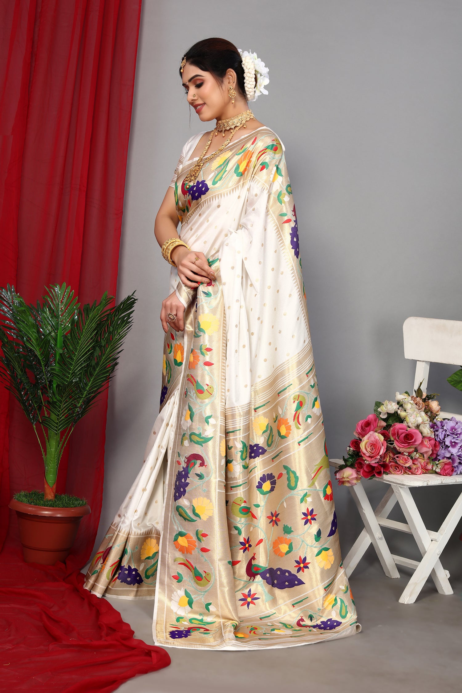Latest Design White Color Paithani Silk Soft Saree