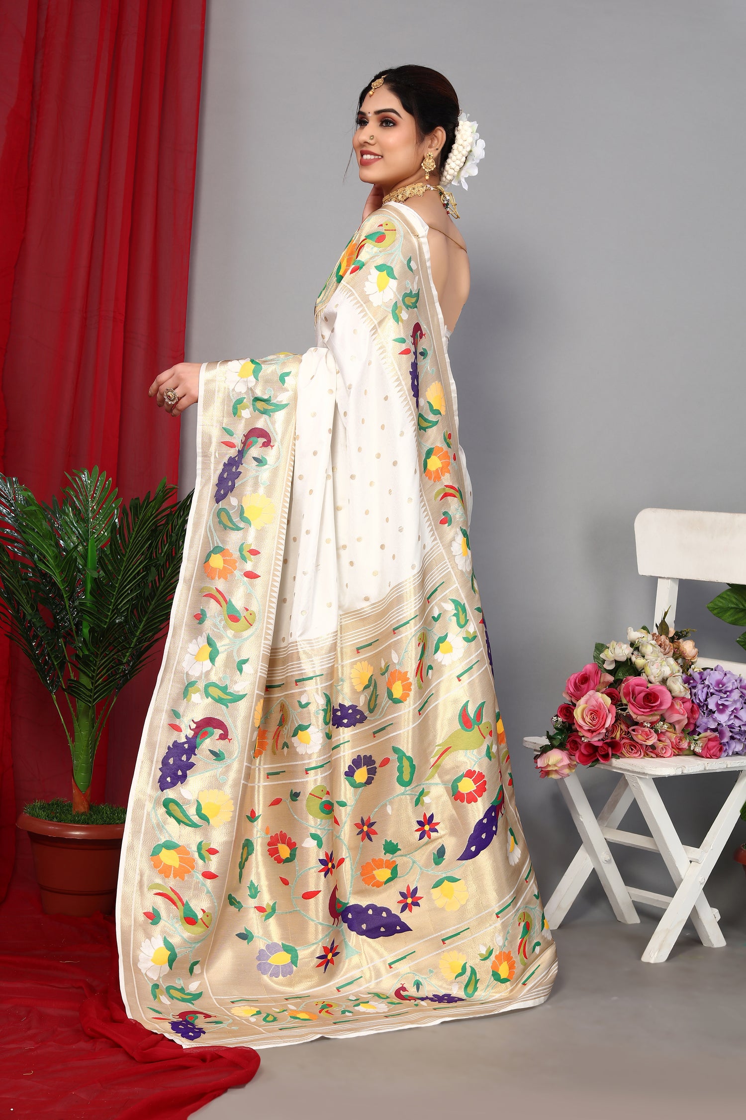 Latest Design White Color Paithani Silk Soft Saree