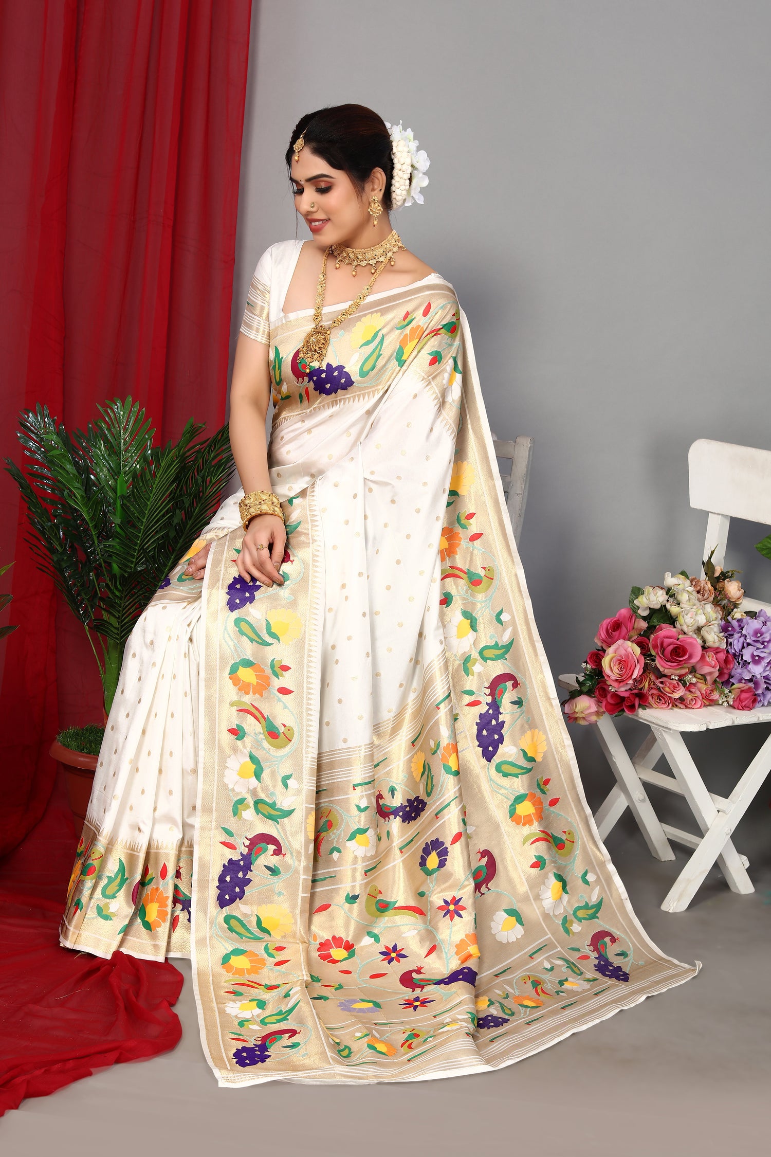 Latest Design White Color Paithani Silk Soft Saree