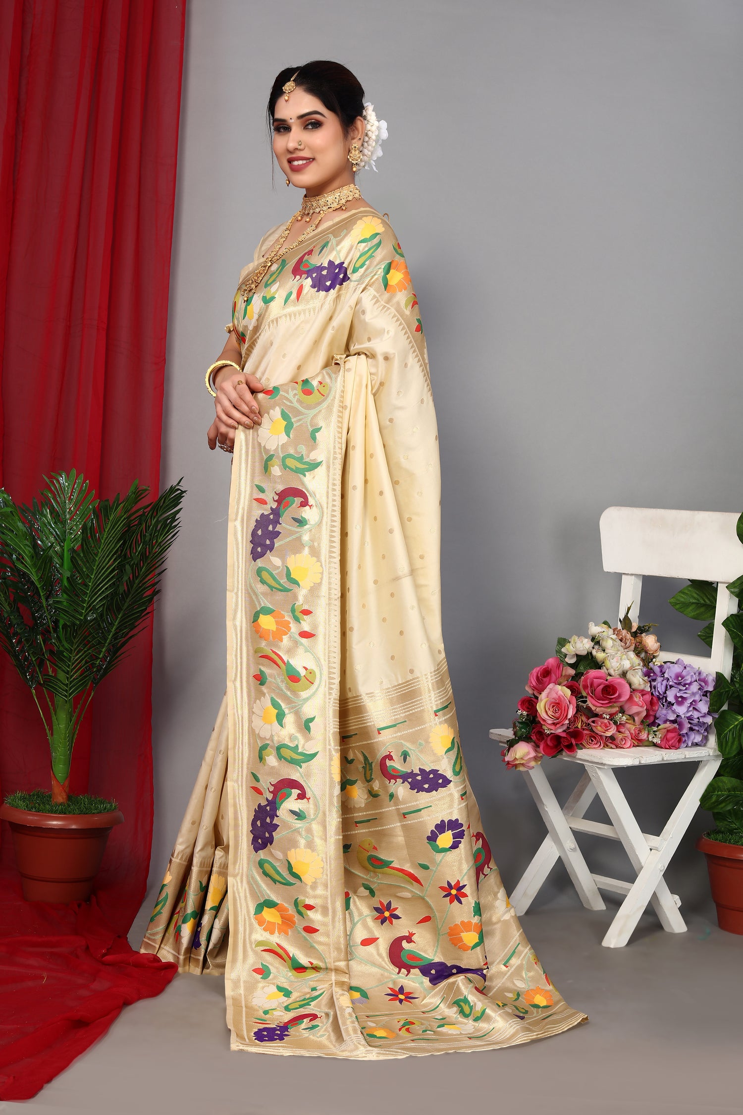 Cream Color Paithani Silk Traditional Saree