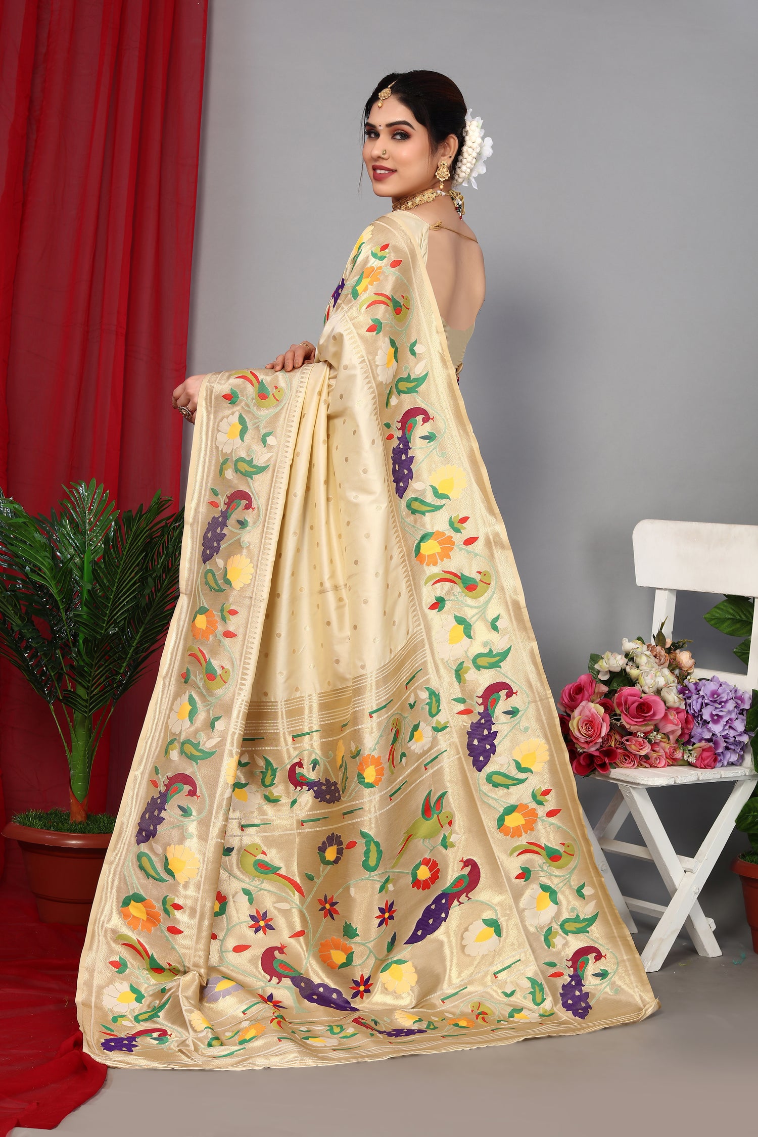Cream Color Paithani Silk Traditional Saree