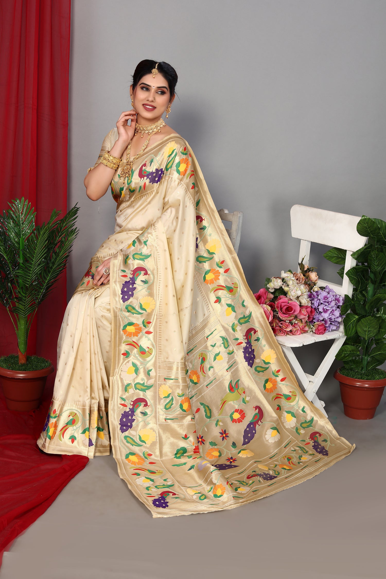 Cream Color Paithani Silk Traditional Saree