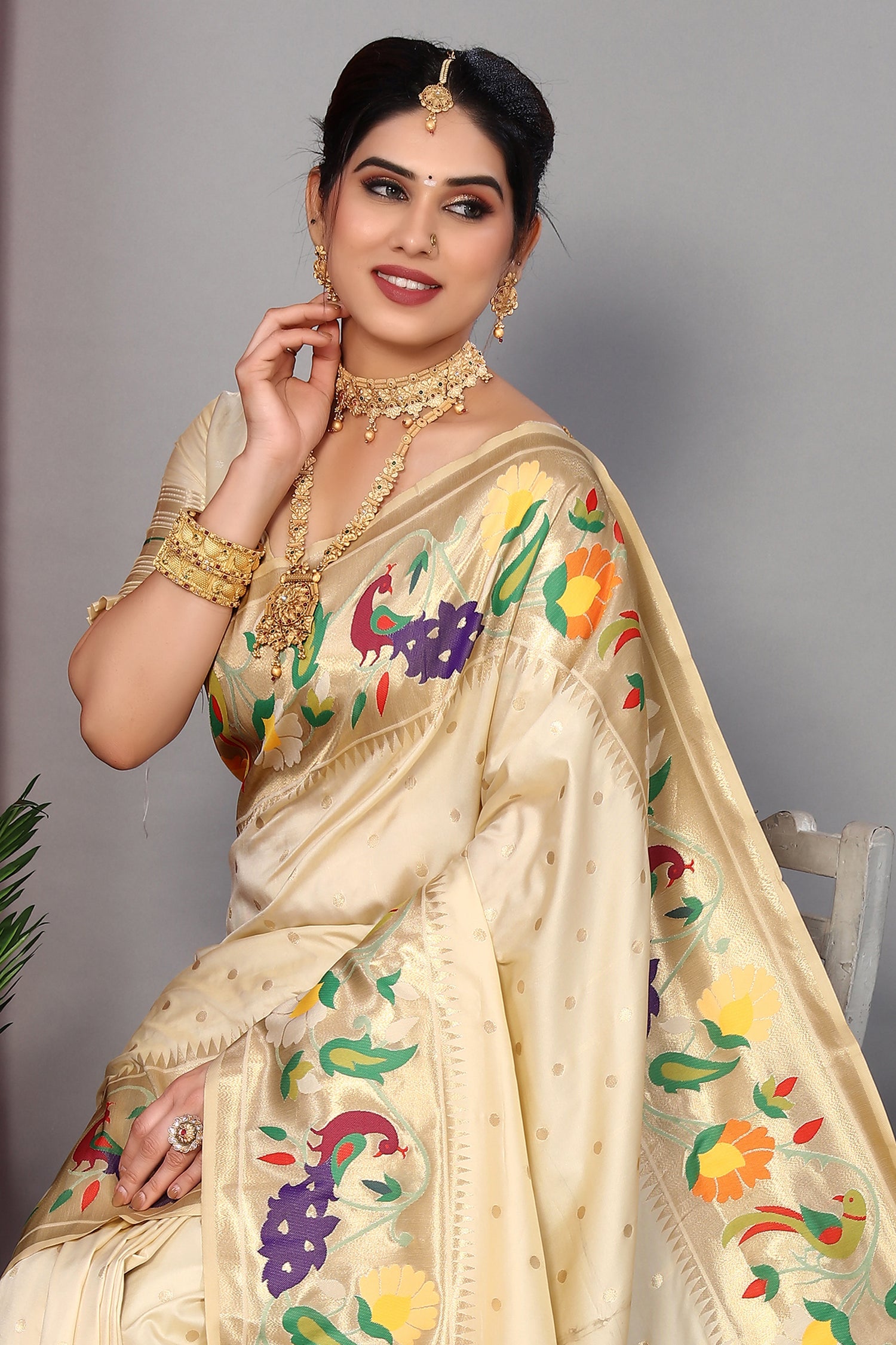 Cream Color Paithani Silk Traditional Saree