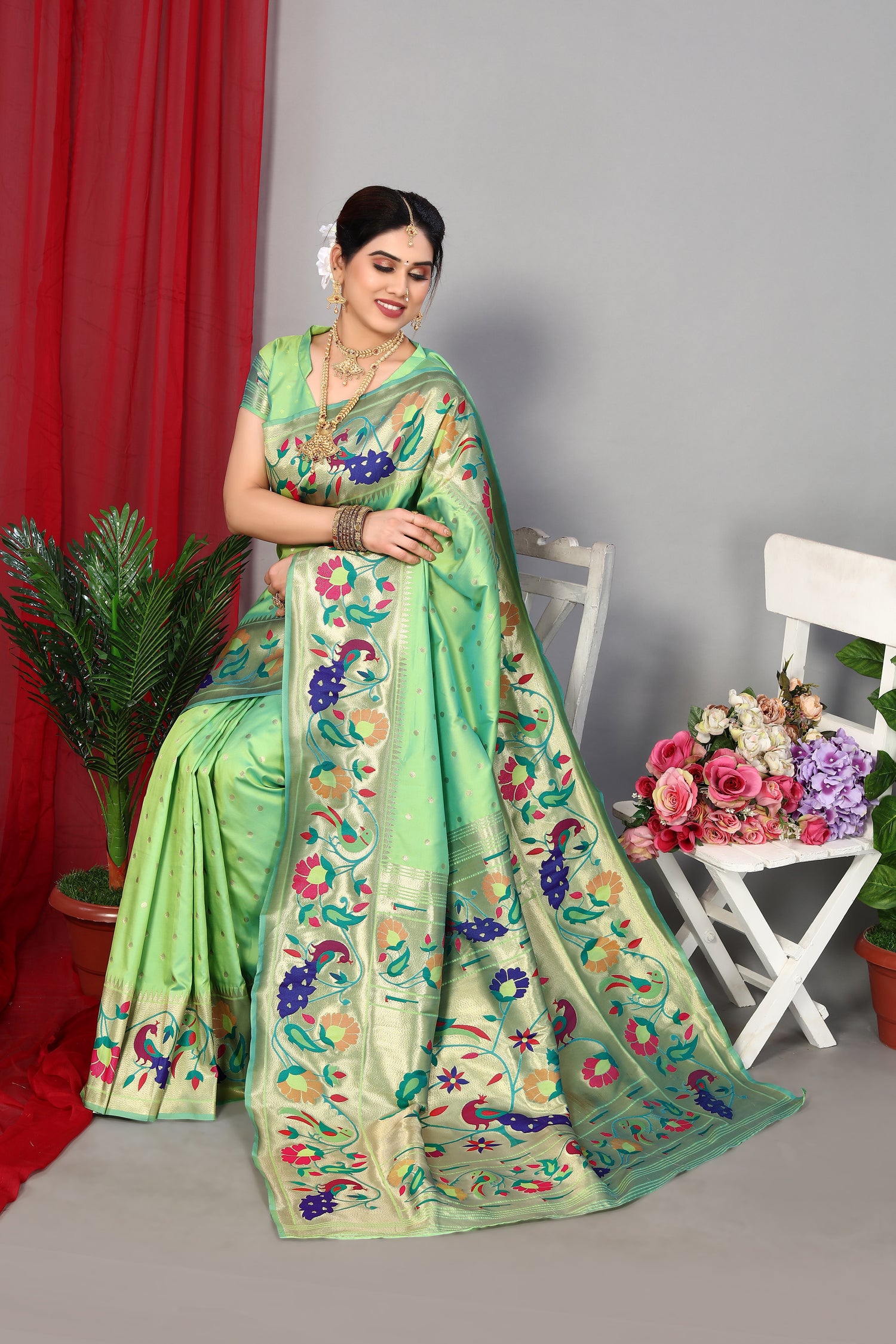 Latest Pista Color Party Wear Paithani Silk Saree