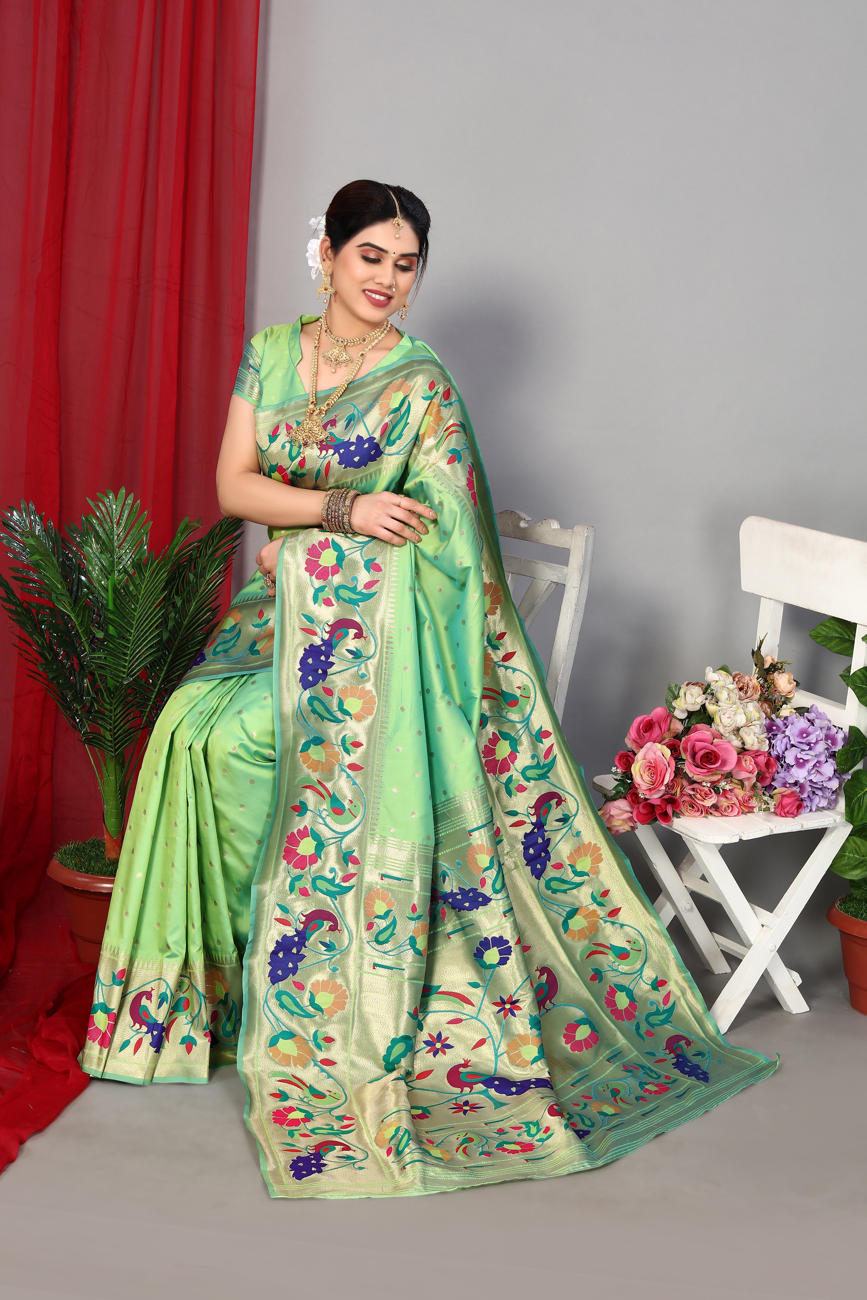 Latest Pista Color Party Wear Paithani Silk Saree