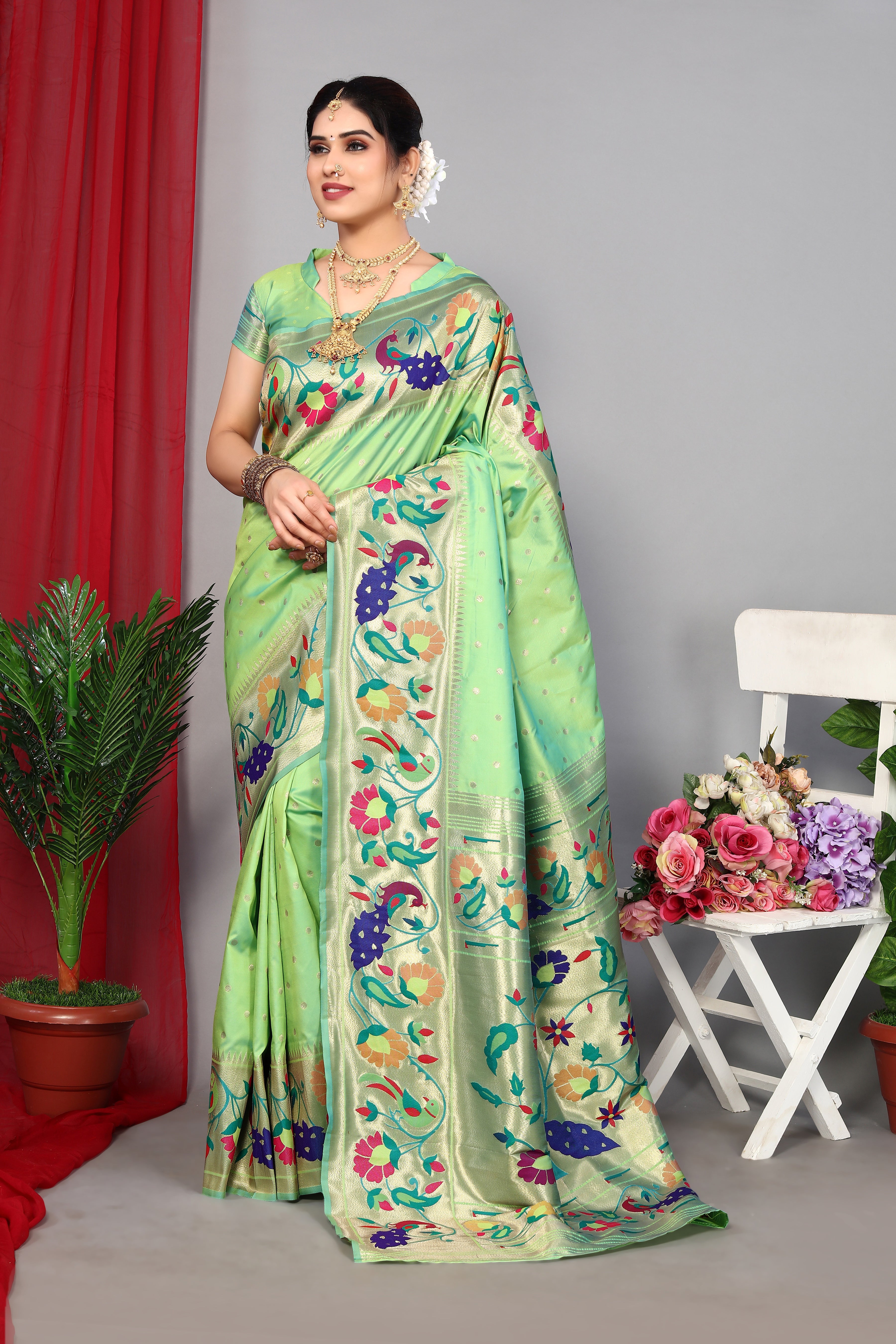 Latest Pista Color Party Wear Paithani Silk Saree