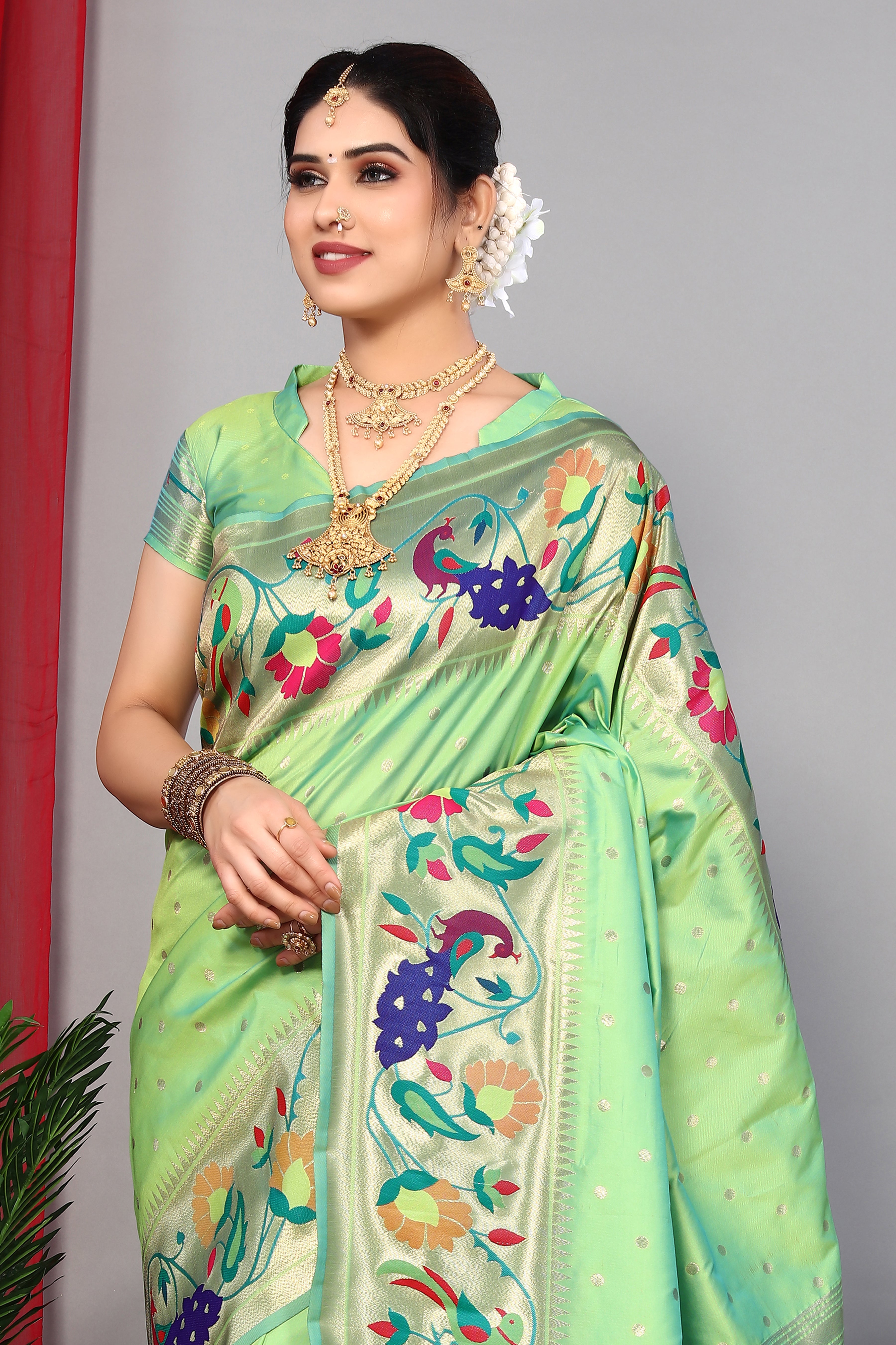 Latest Pista Color Party Wear Paithani Silk Saree