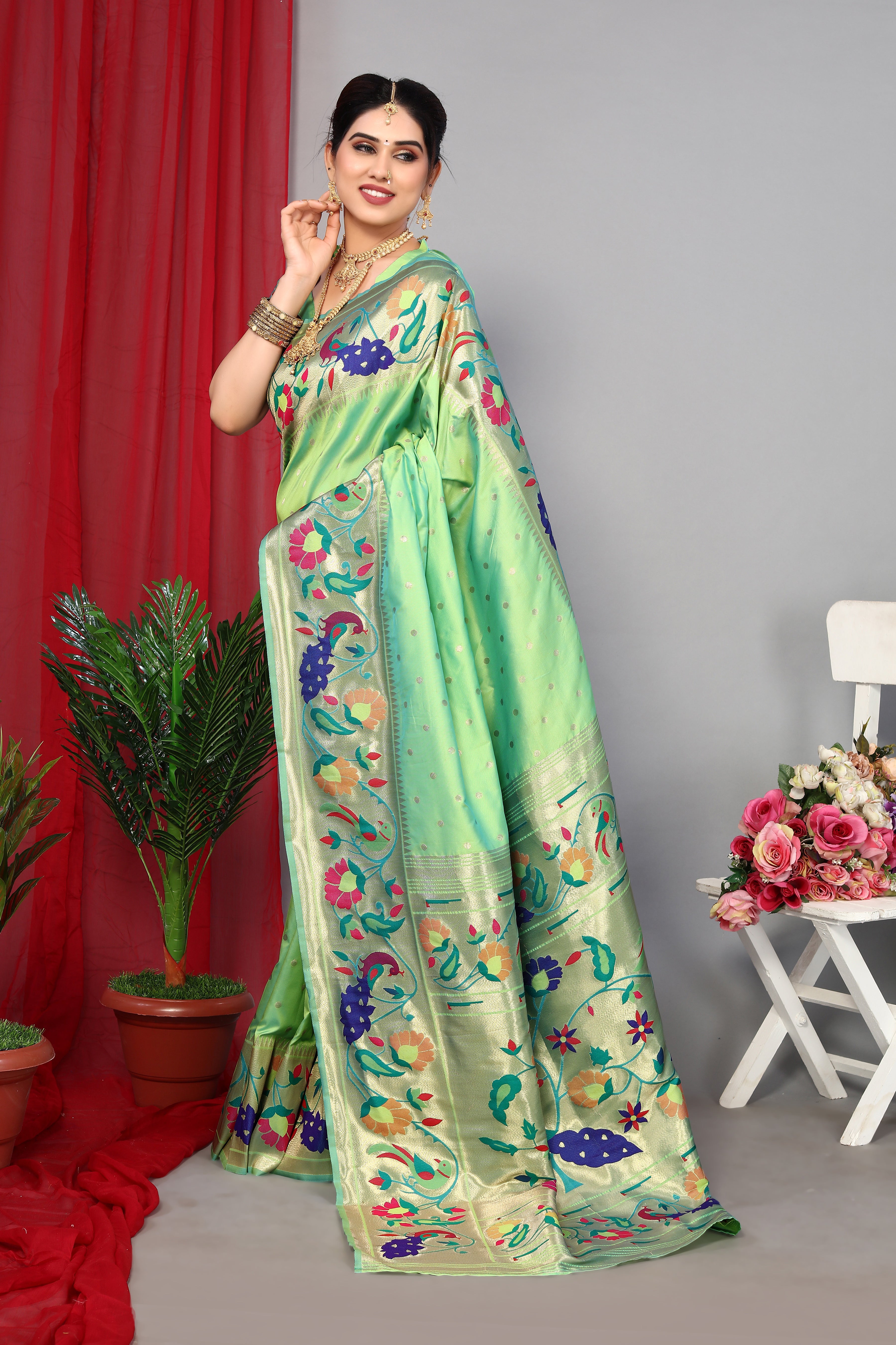 Latest Pista Color Party Wear Paithani Silk Saree