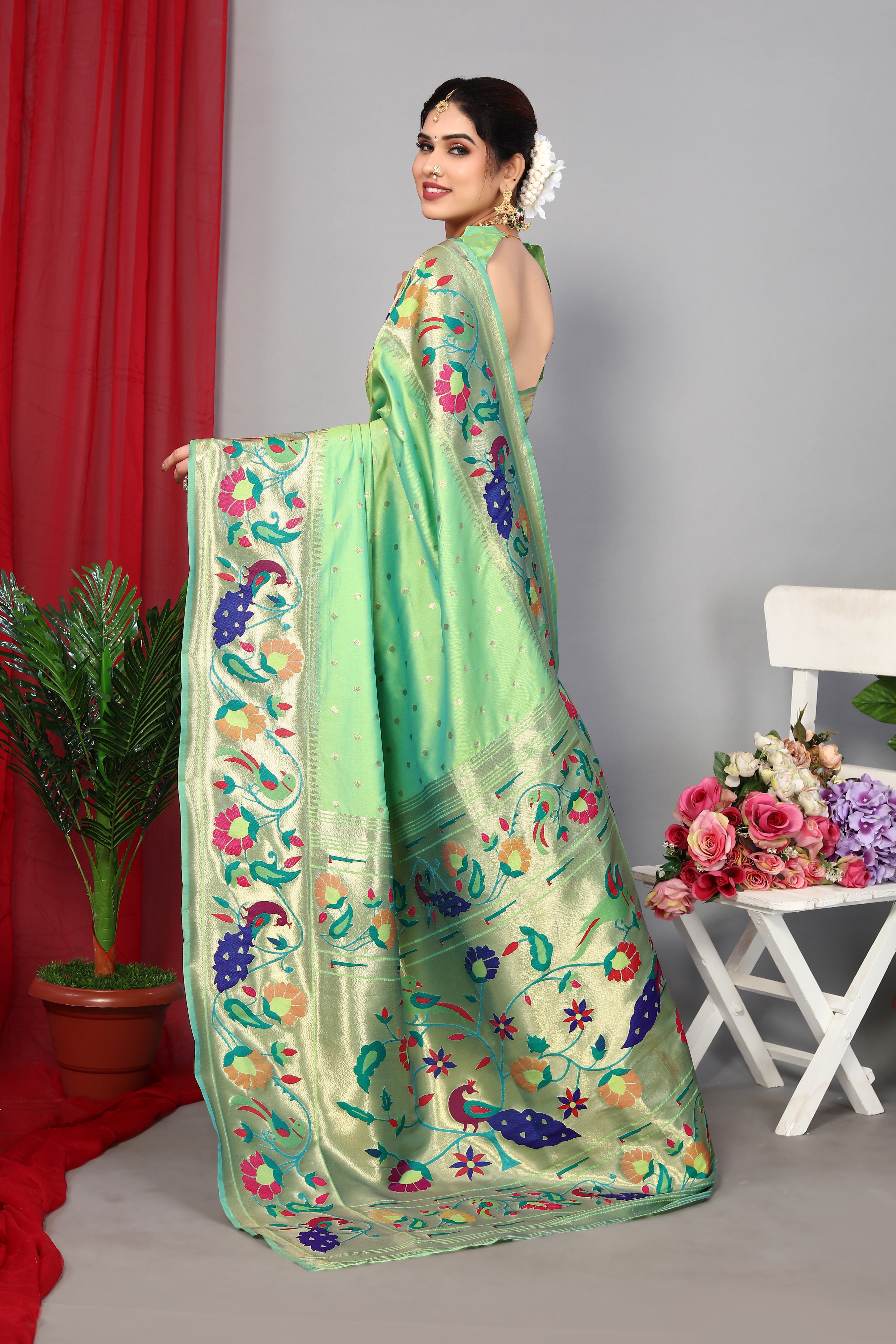 Latest Pista Color Party Wear Paithani Silk Saree