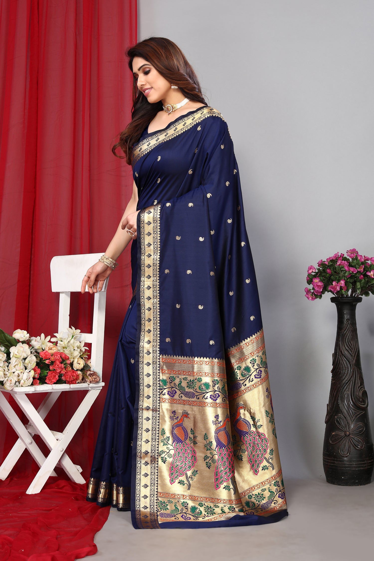 Heavy Paithani Silk Navy Blue Color Silk Saree