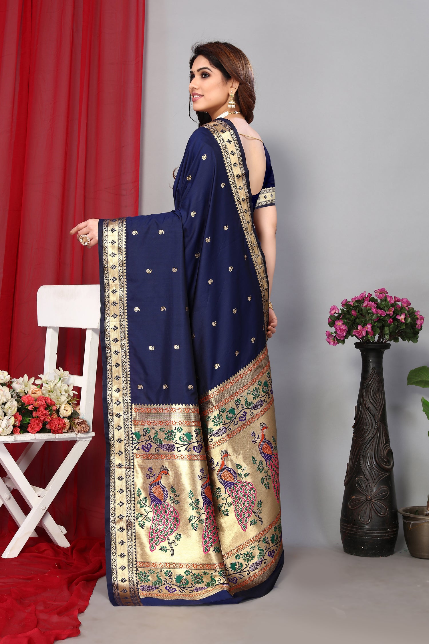 Heavy Paithani Silk Navy Blue Color Silk Saree