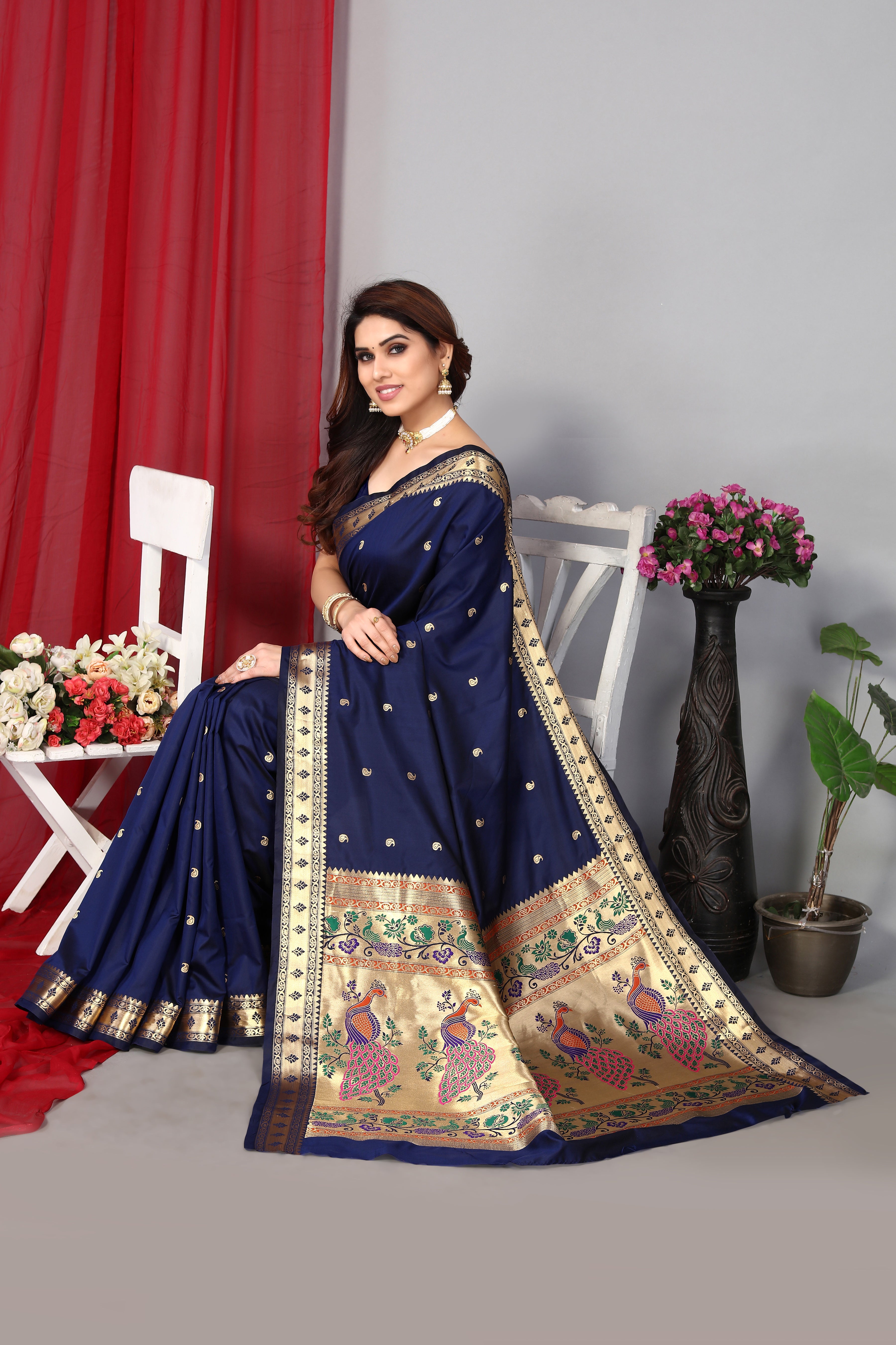 Heavy Paithani Silk Navy Blue Color Silk Saree
