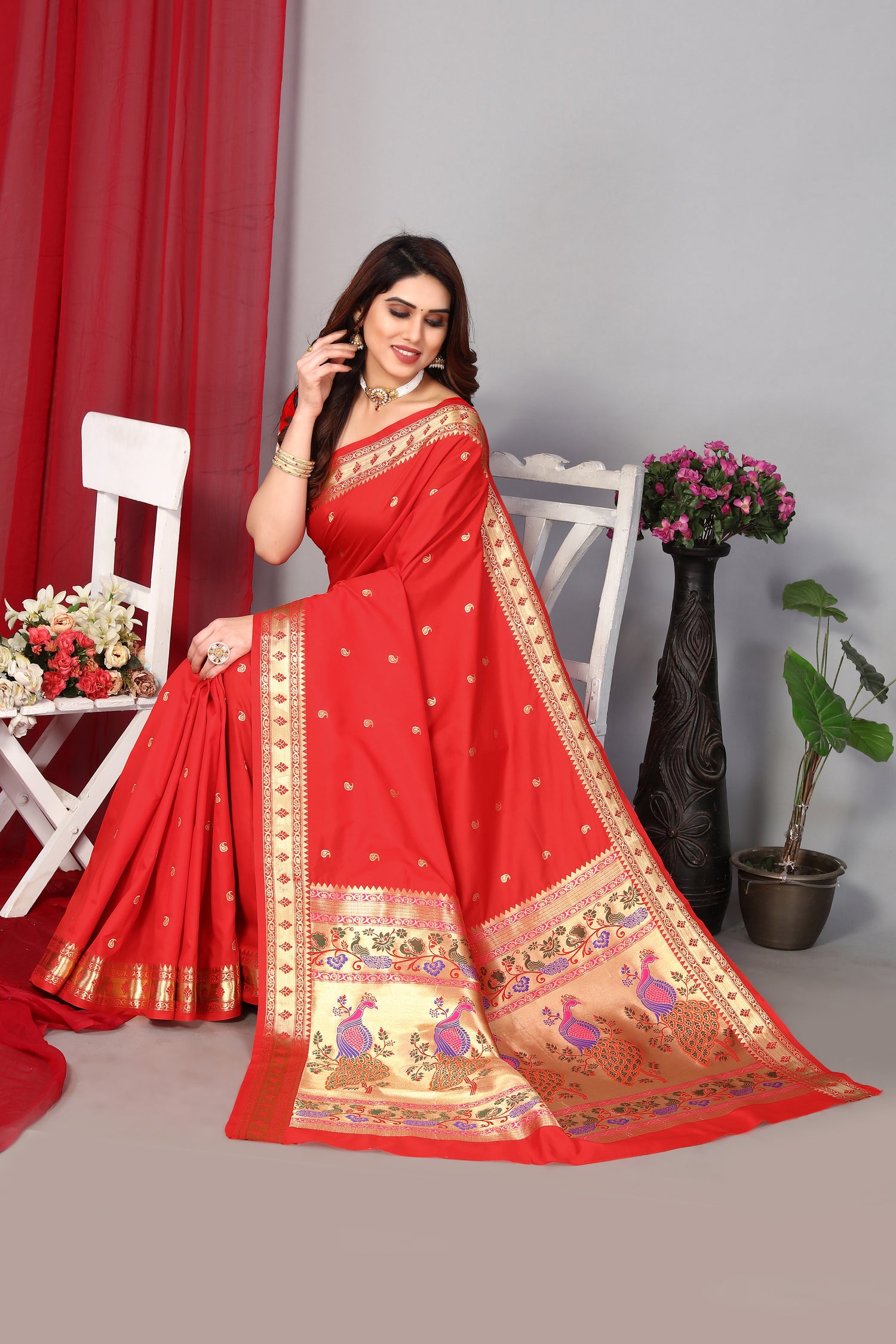 Party Wear Red Color Paithani Silk Saree