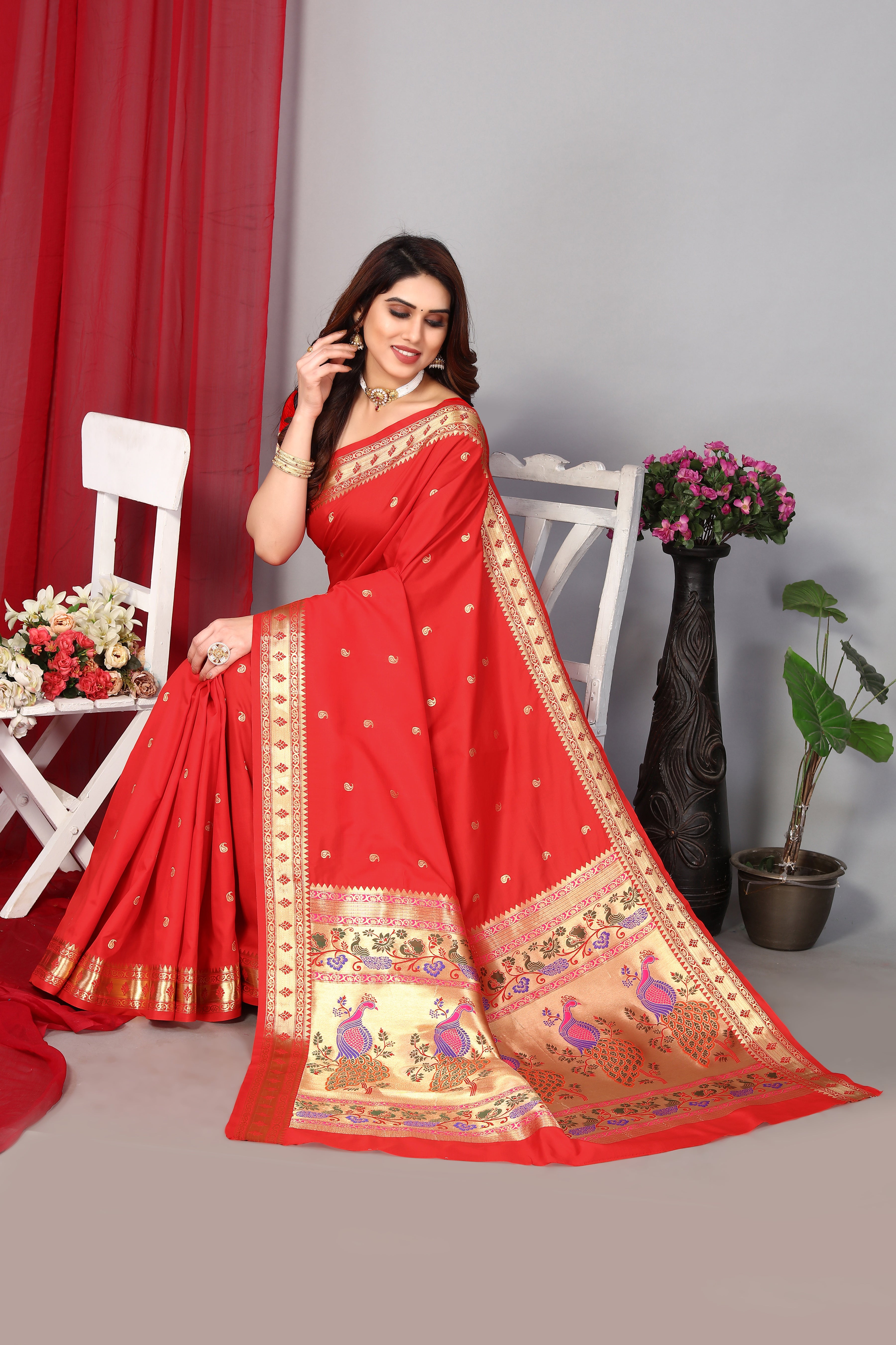 Party Wear Red Color Paithani Silk Saree