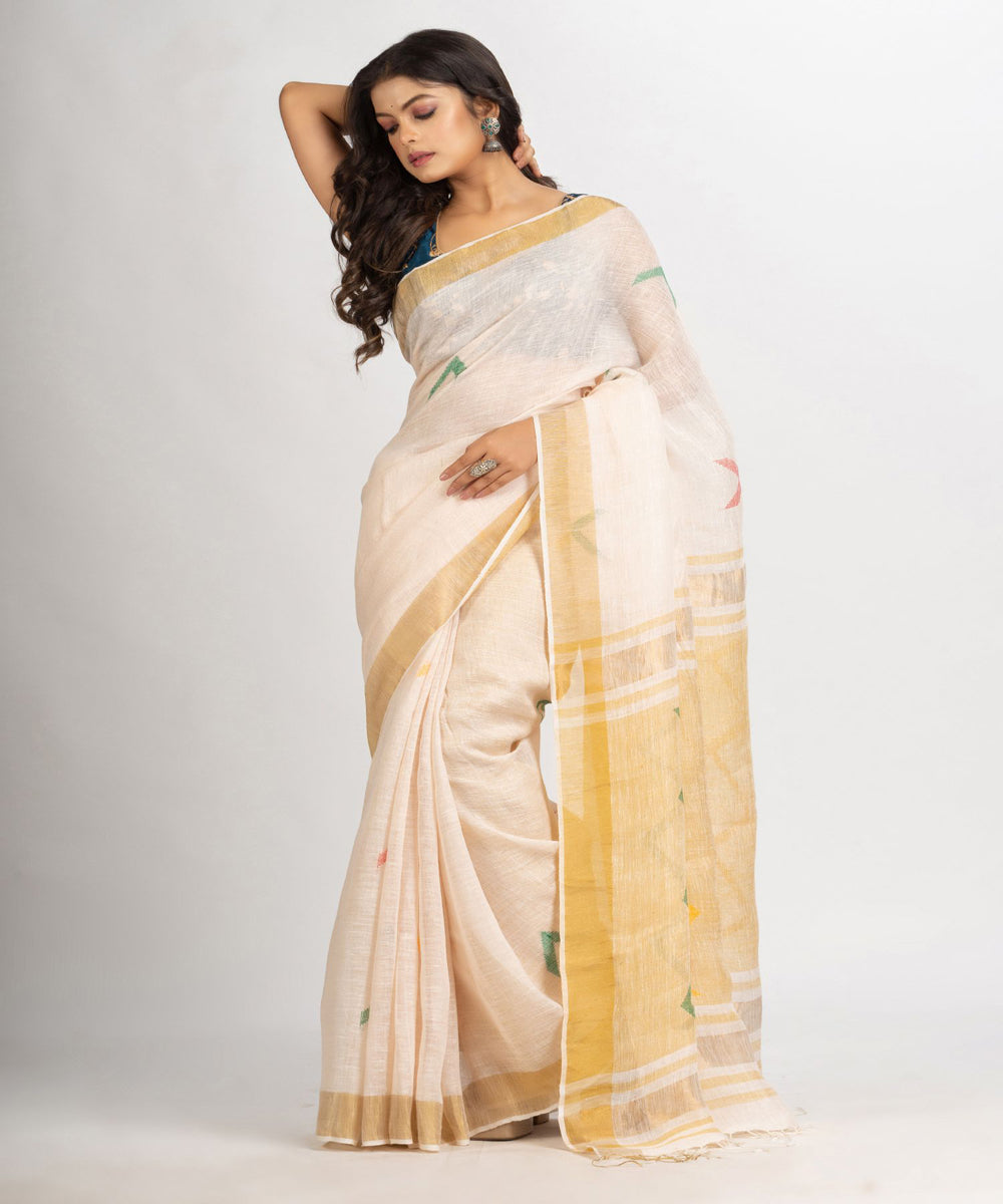 Cream Handloom Linen Silk Zari Bengal Fancy Saree