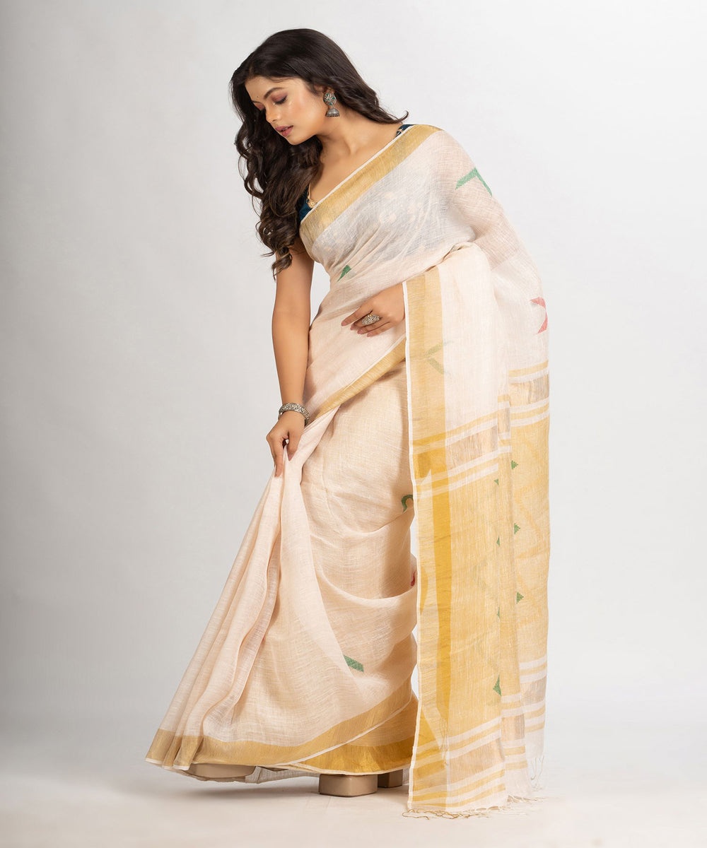 Cream Handloom Linen Silk Zari Bengal Fancy Saree