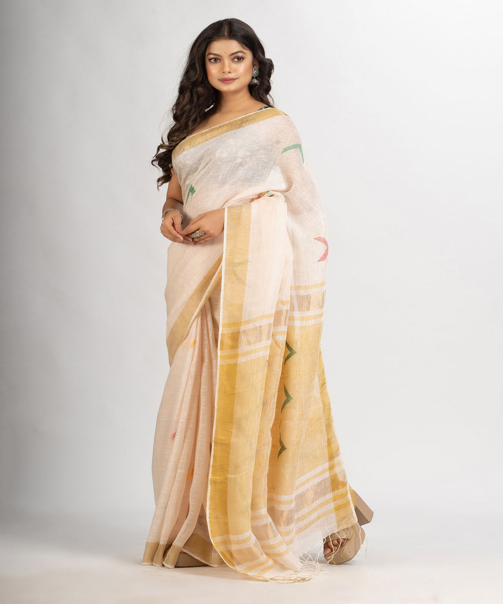 Cream Handloom Linen Silk Zari Bengal Fancy Saree