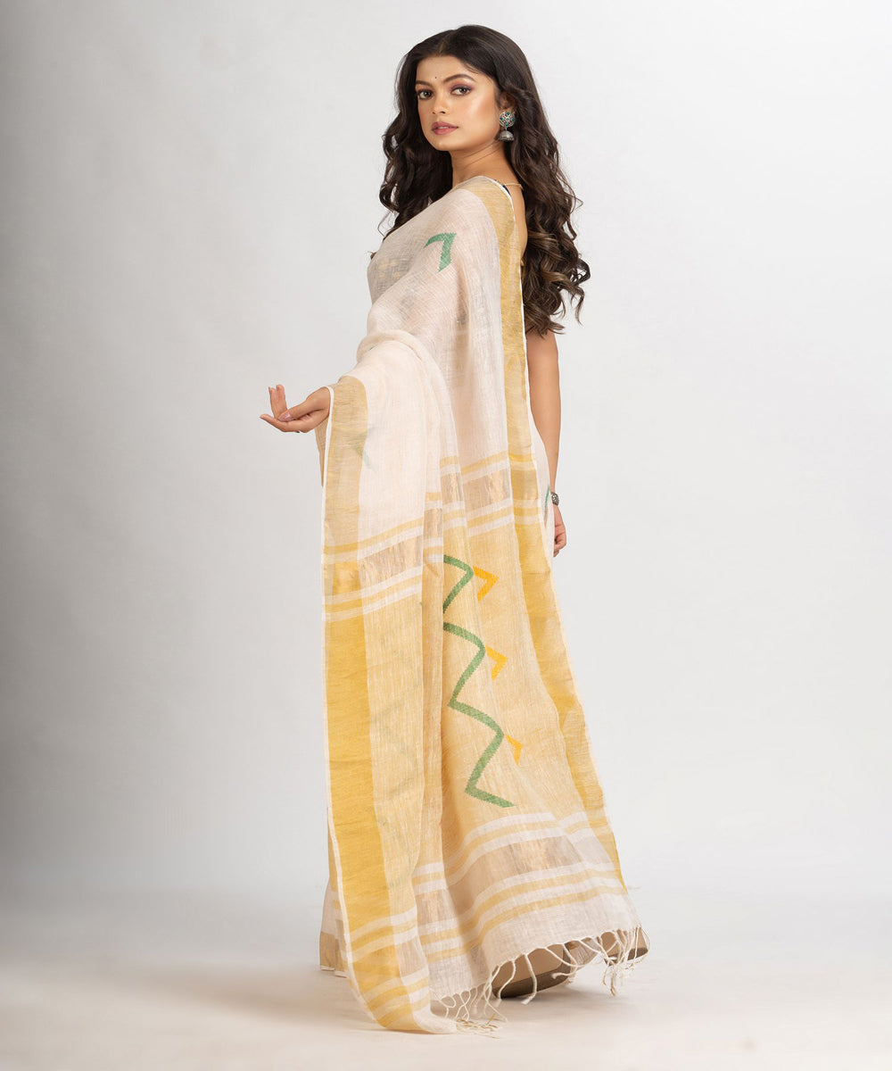 Cream Handloom Linen Silk Zari Bengal Fancy Saree