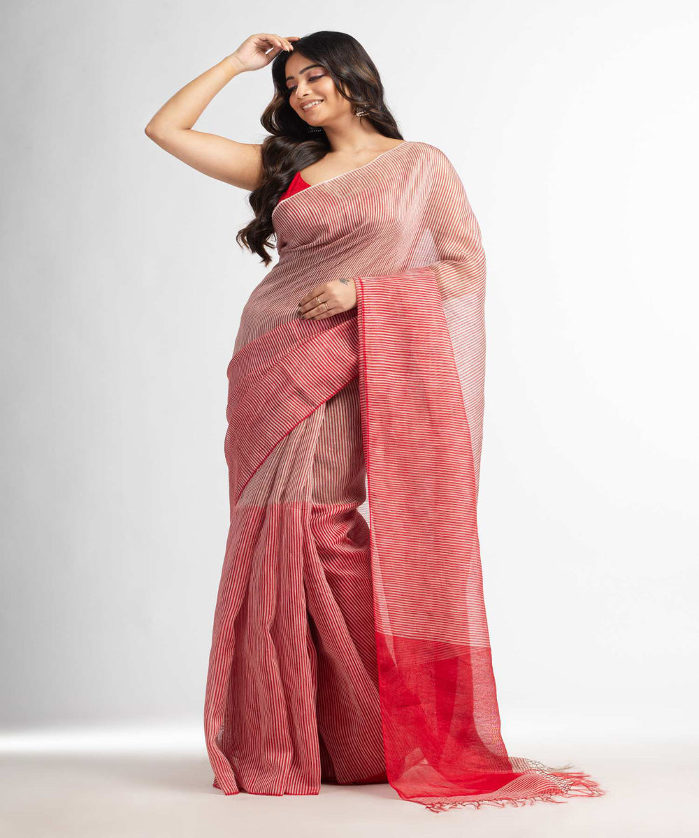 Party Wear Red Color Linen Silk Handloom Saree