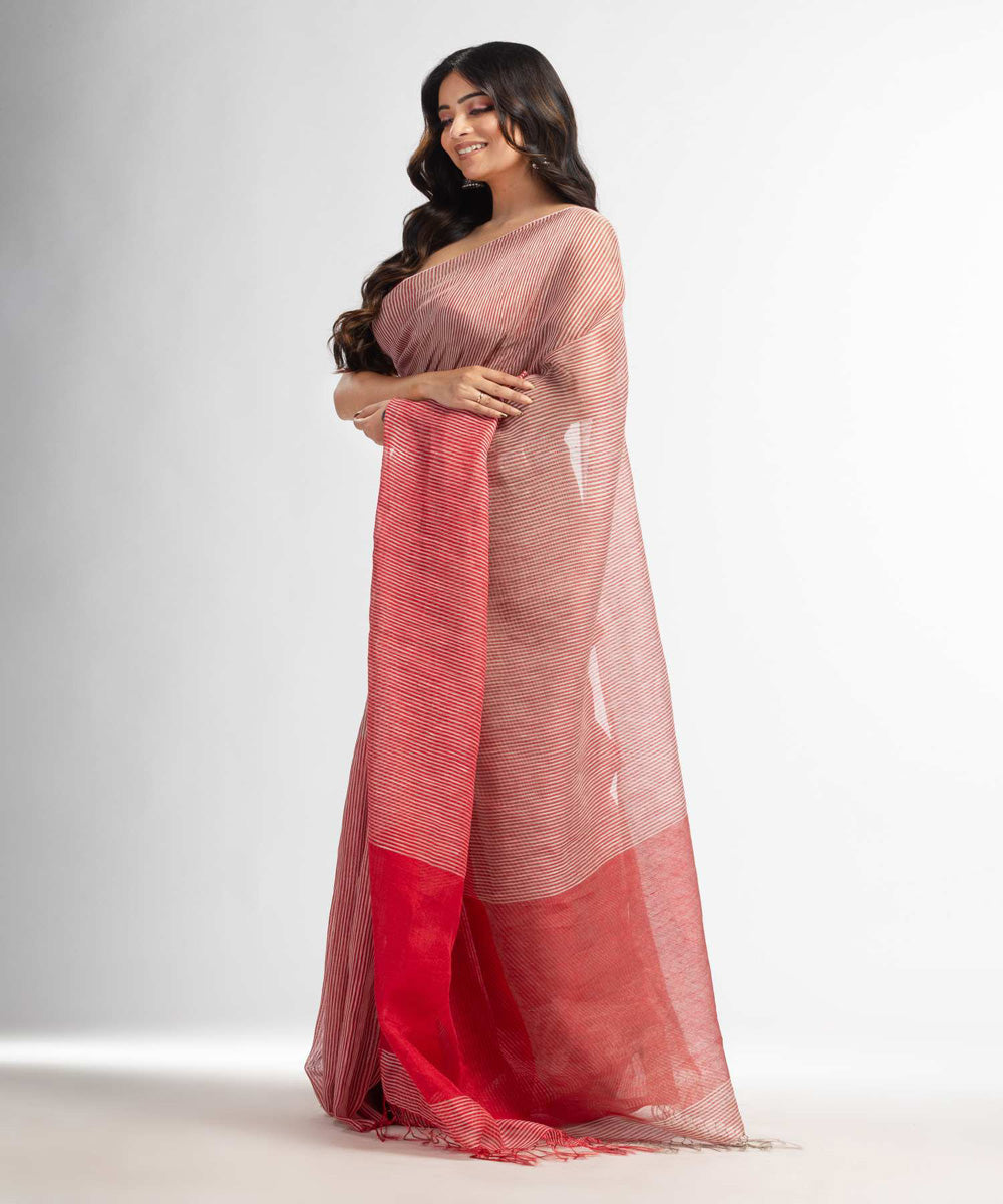 Party Wear Red Color Linen Silk Handloom Saree