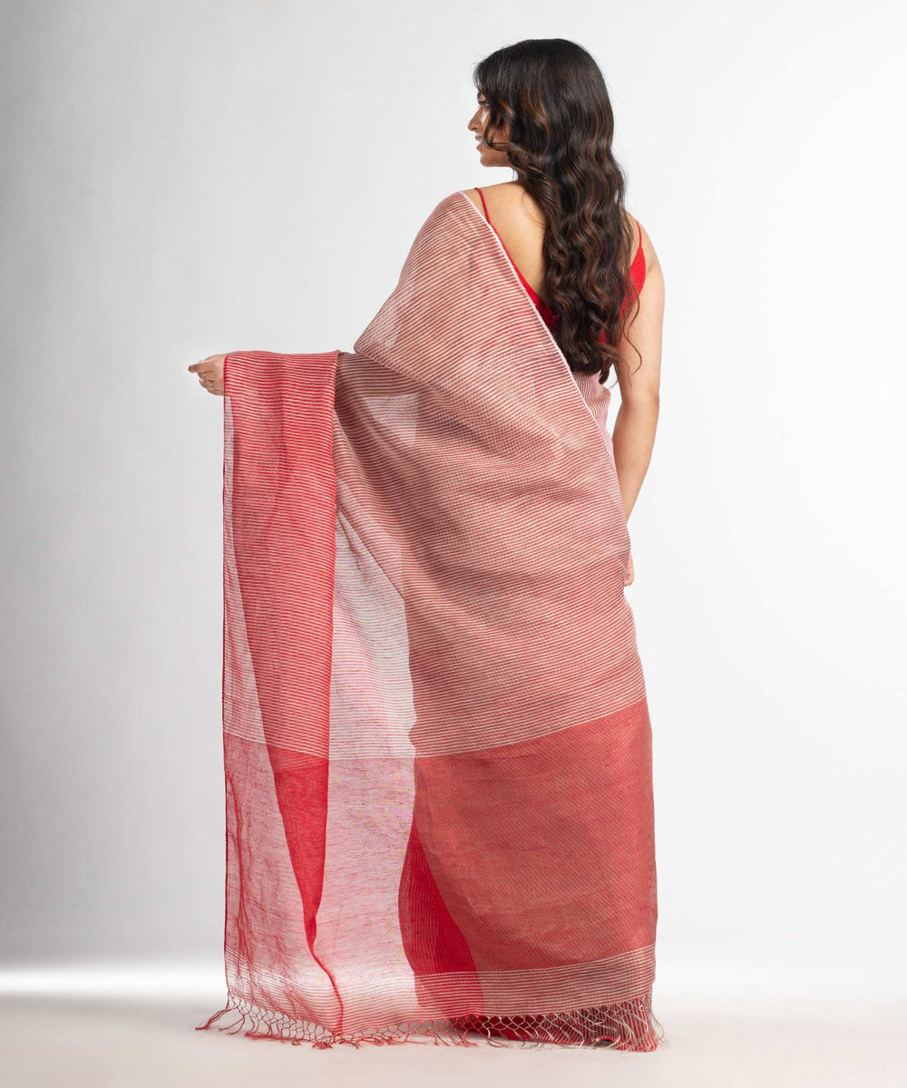 Party Wear Red Color Linen Silk Handloom Saree