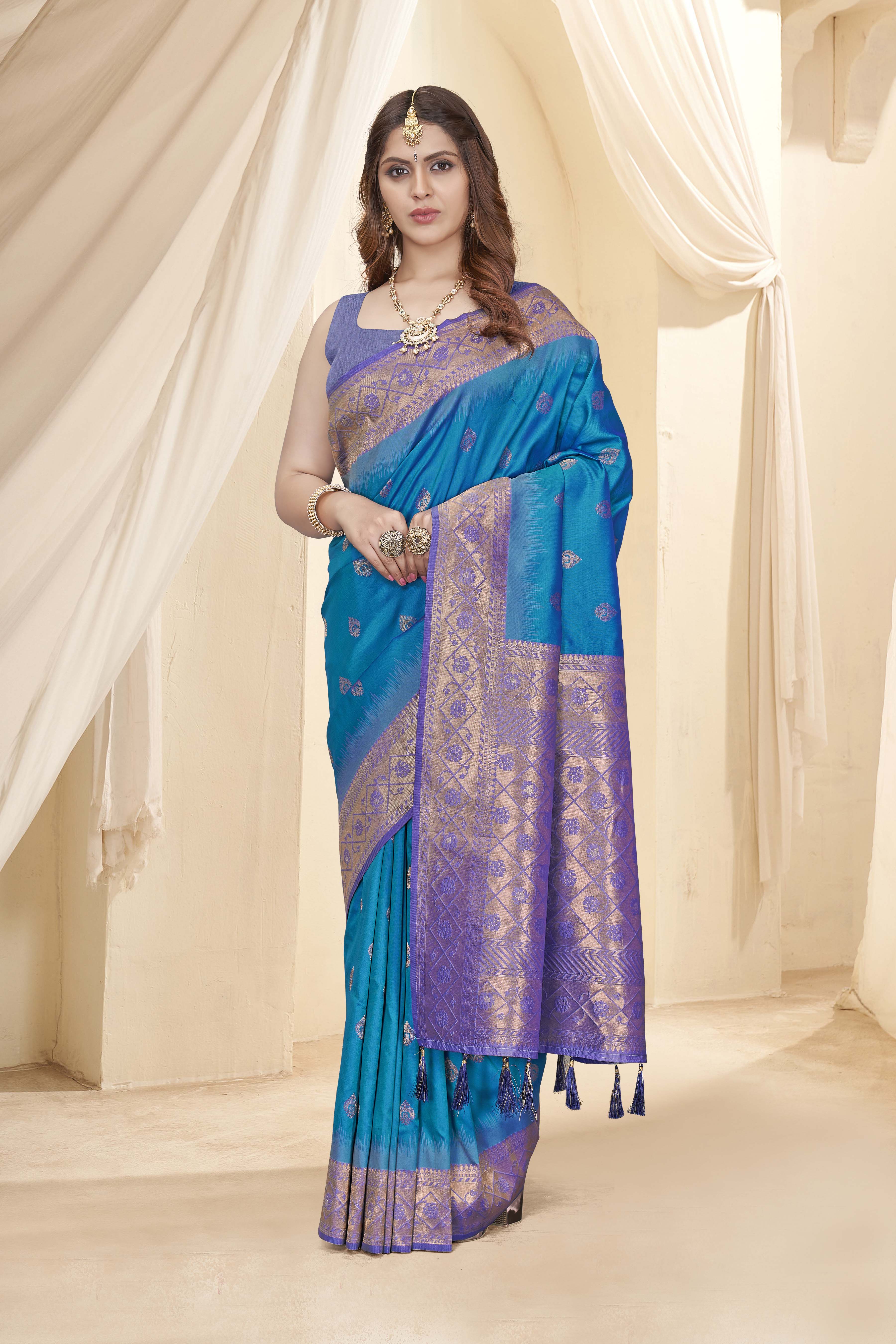 Heavy Pure Silk Blue Color Soft Saree