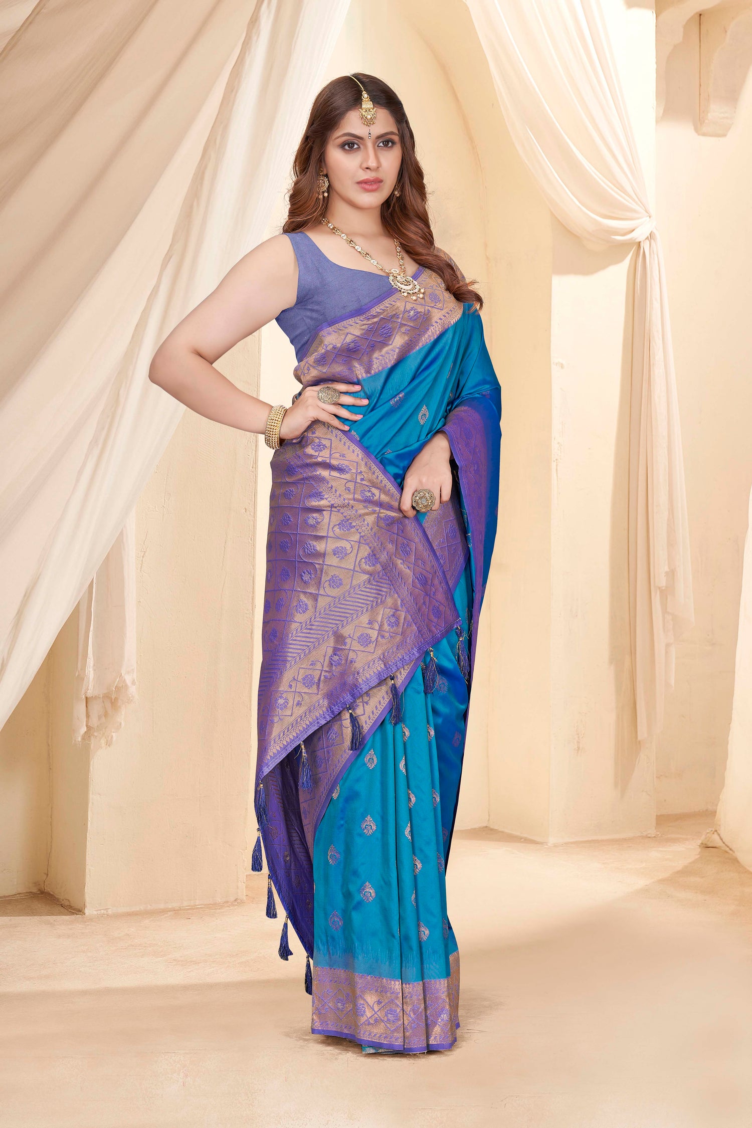 Heavy Pure Silk Blue Color Soft Saree