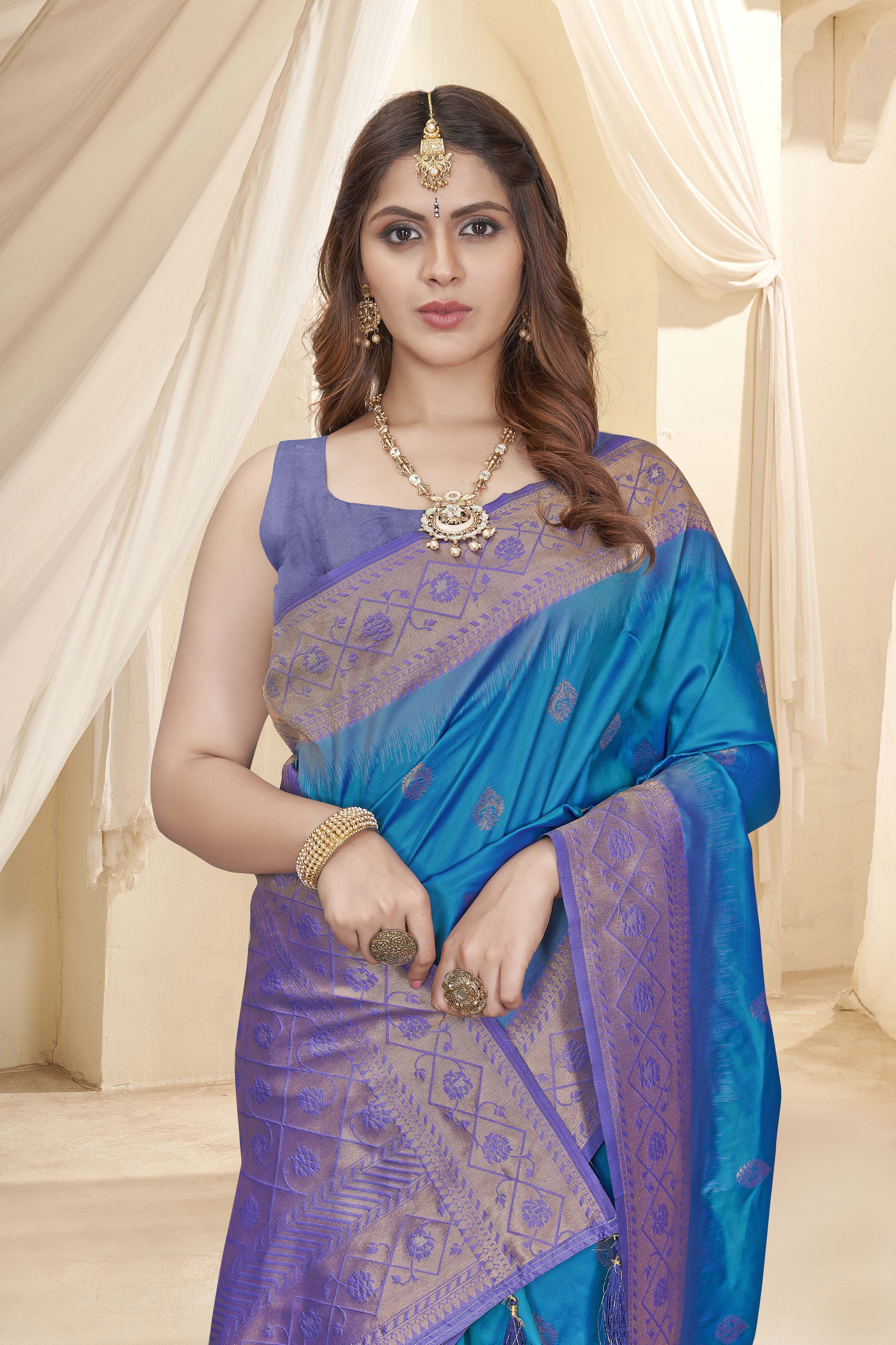 Heavy Pure Silk Blue Color Soft Saree