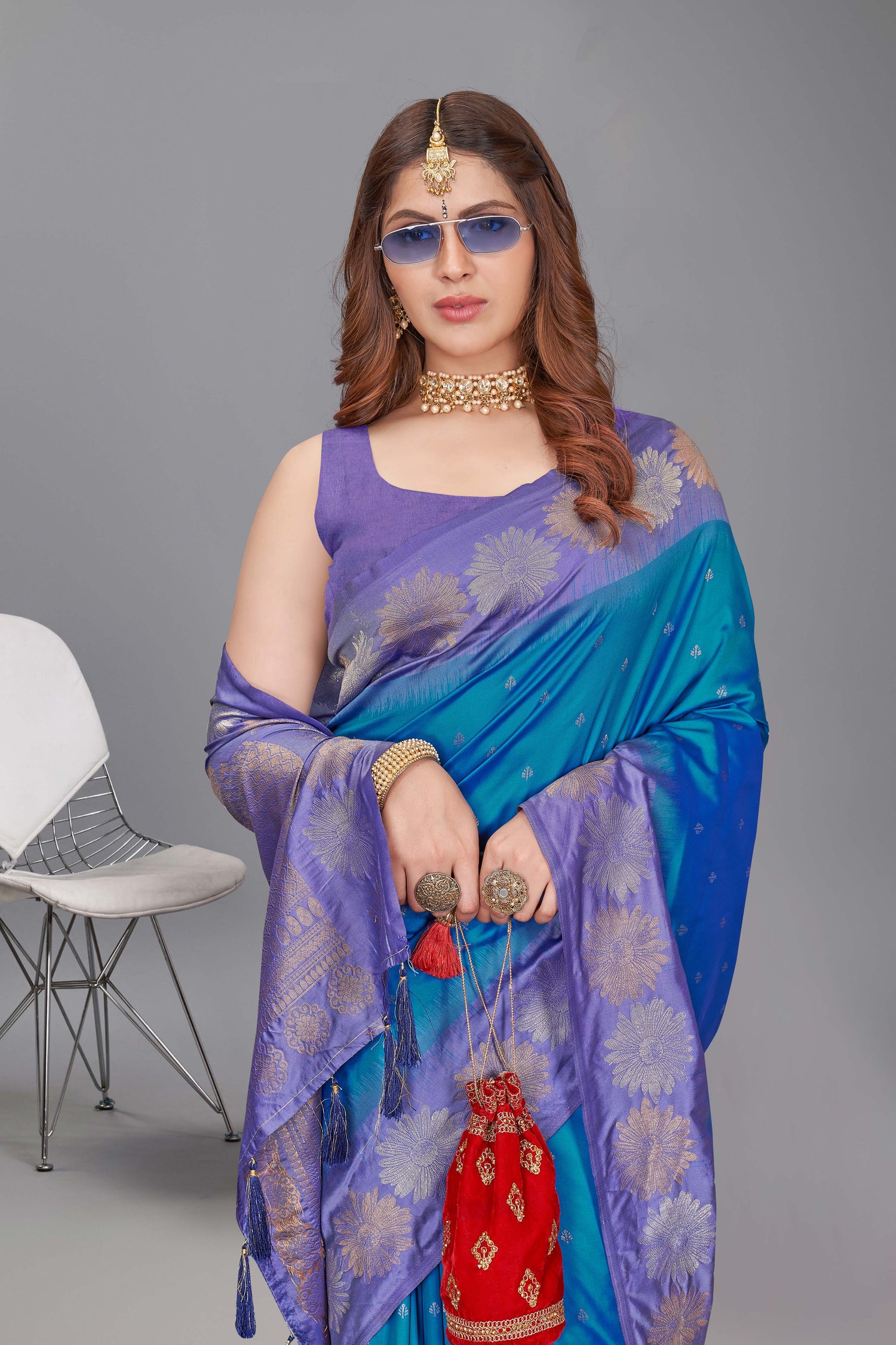 Designer Blue Color Pure Silk Saree
