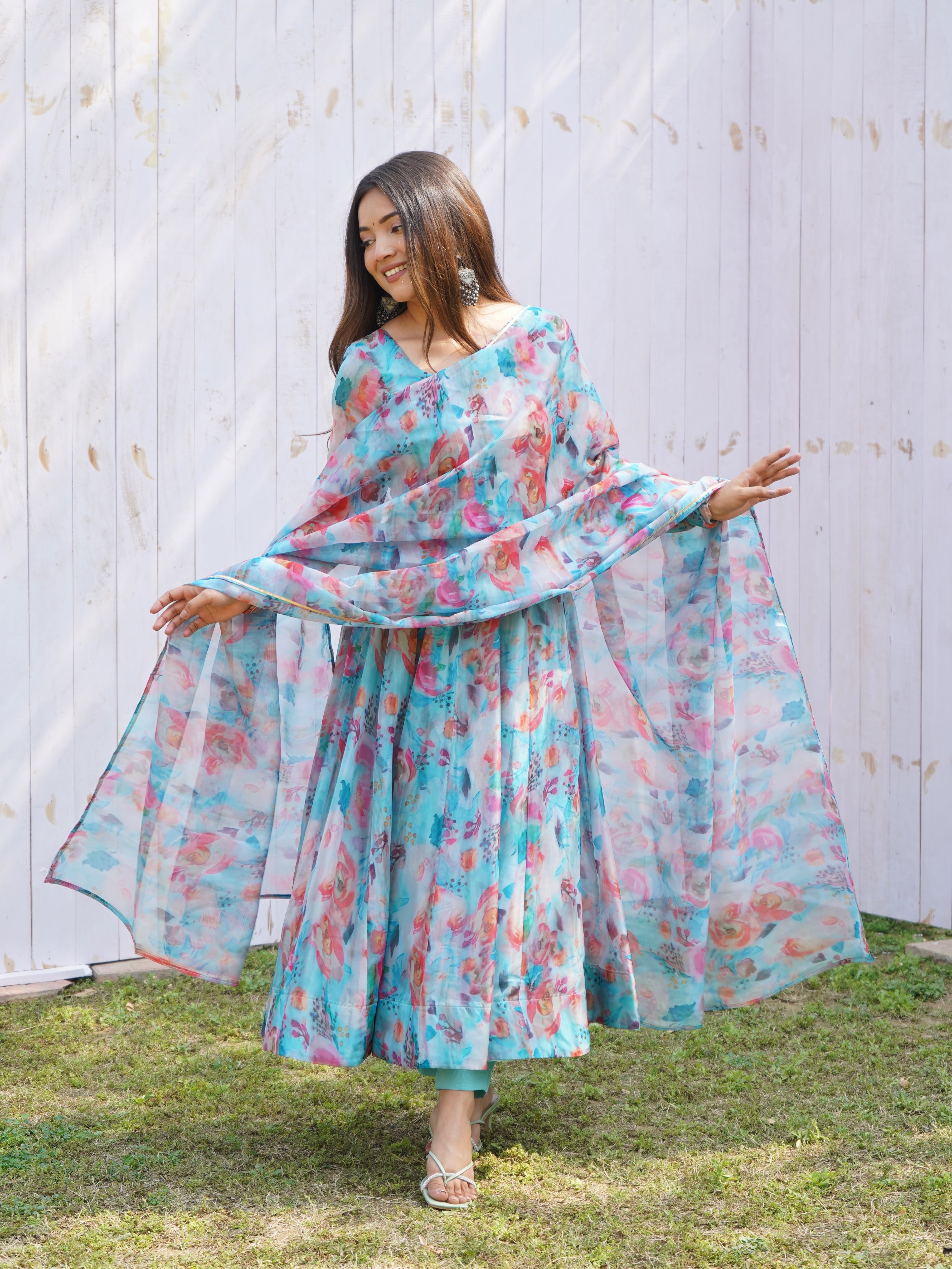 Attractive Printed Organza Silk Ready To Wear Blue Color Anarkali Suit