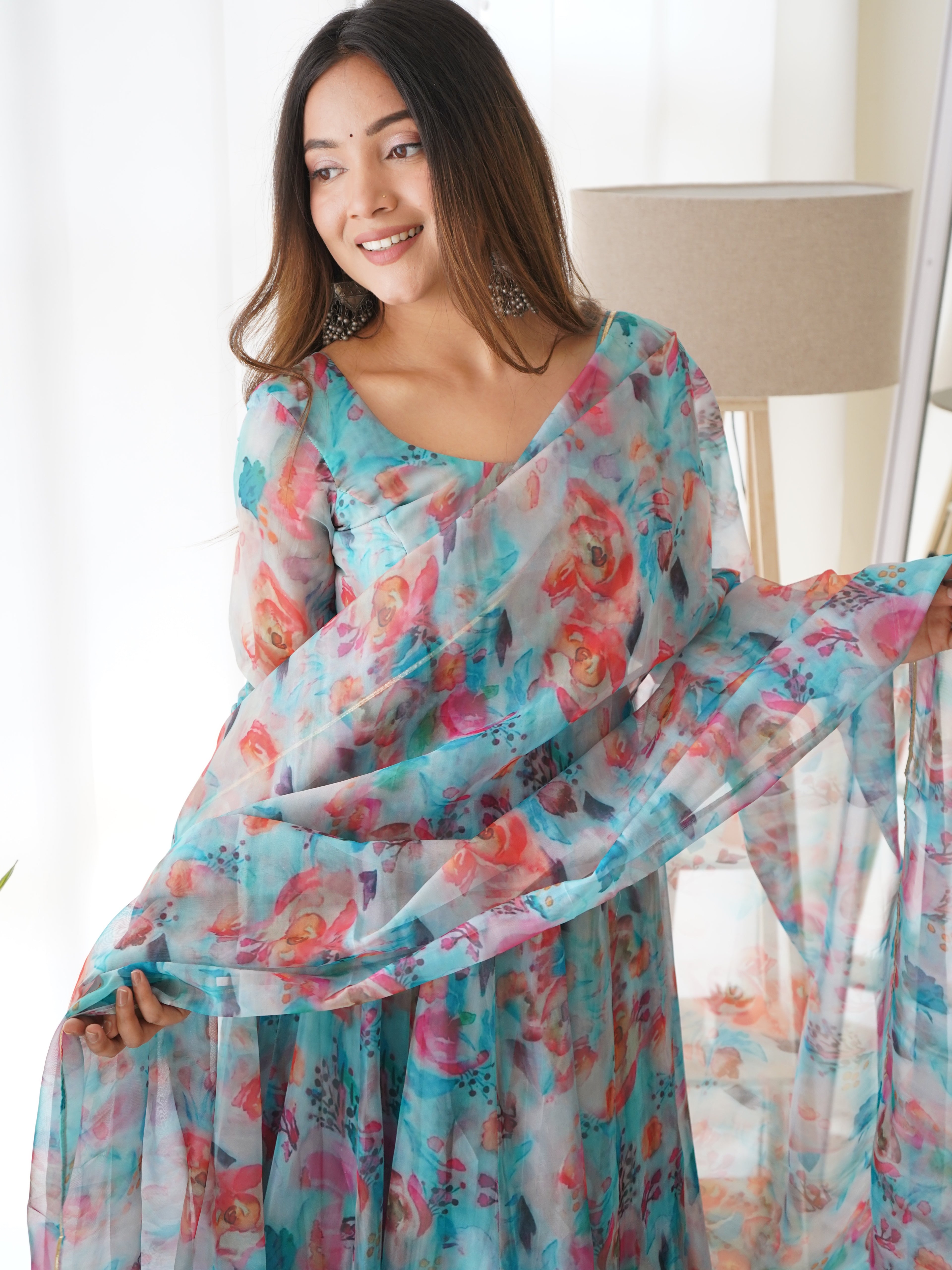 Attractive Printed Organza Silk Ready To Wear Blue Color Anarkali Suit