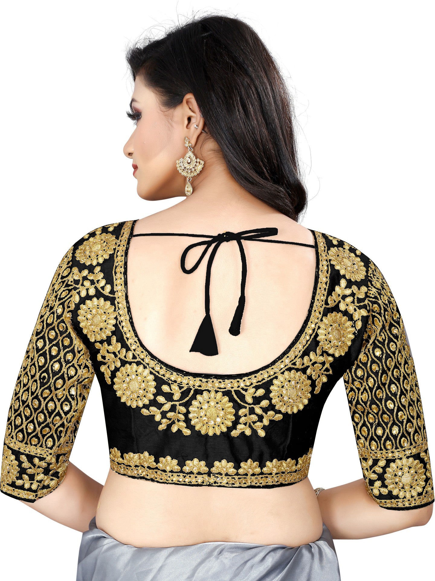 Black Satin Silk Round Neck Readymade Free Size Blouse