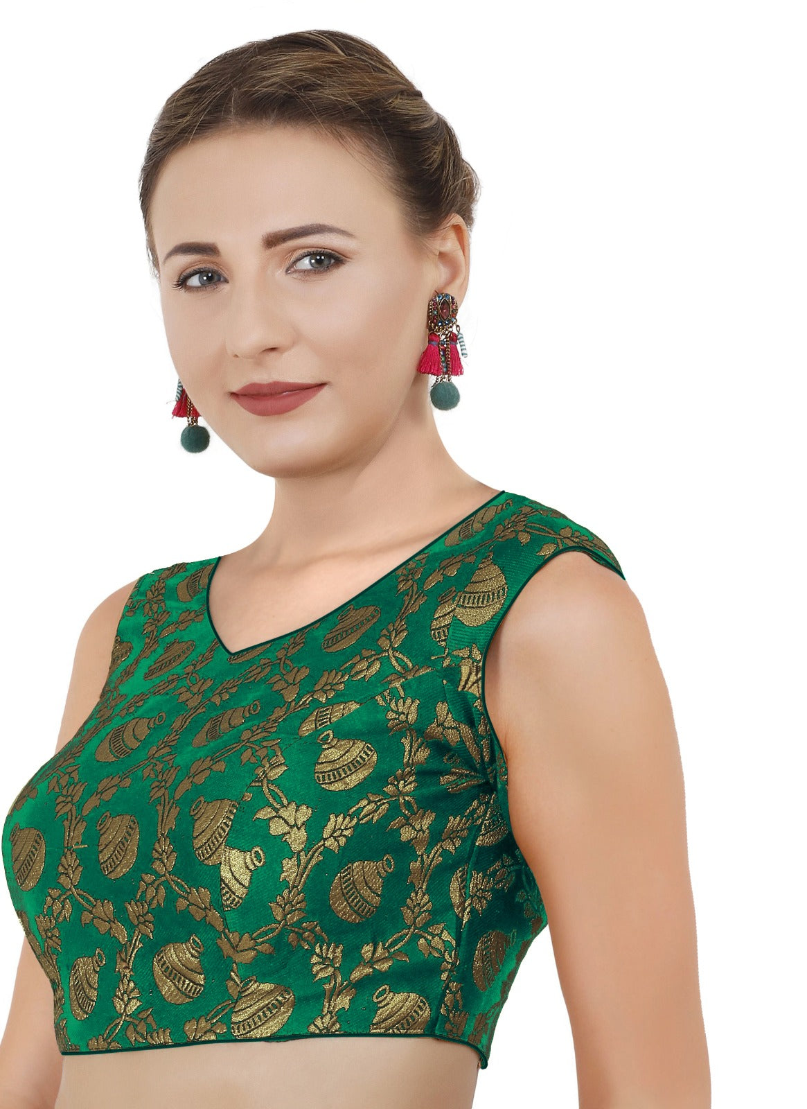 V Neck Sleeveless Party Wear Green Readymade Blouse