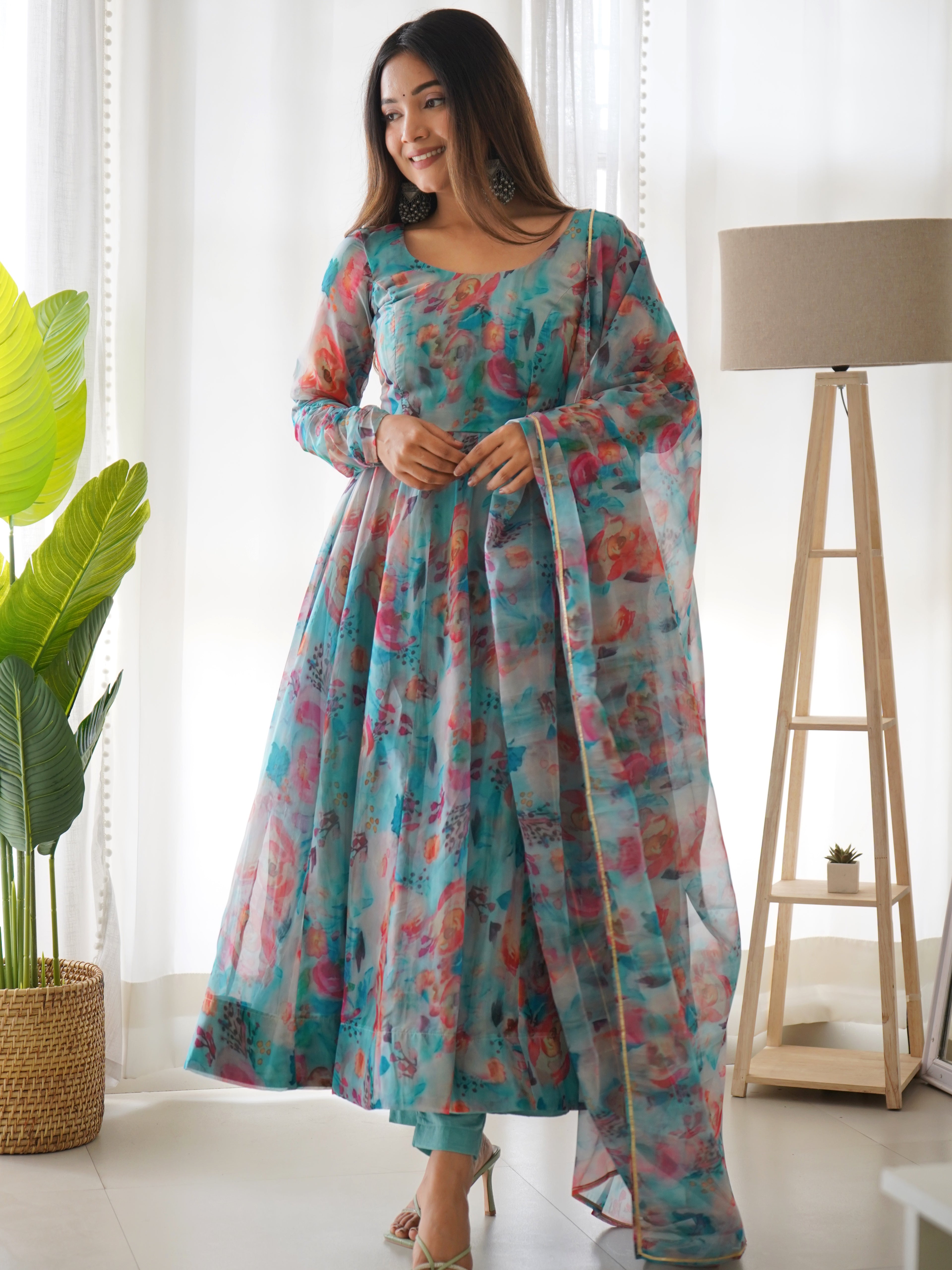 Attractive Printed Organza Silk Ready To Wear Blue Color Anarkali Suit