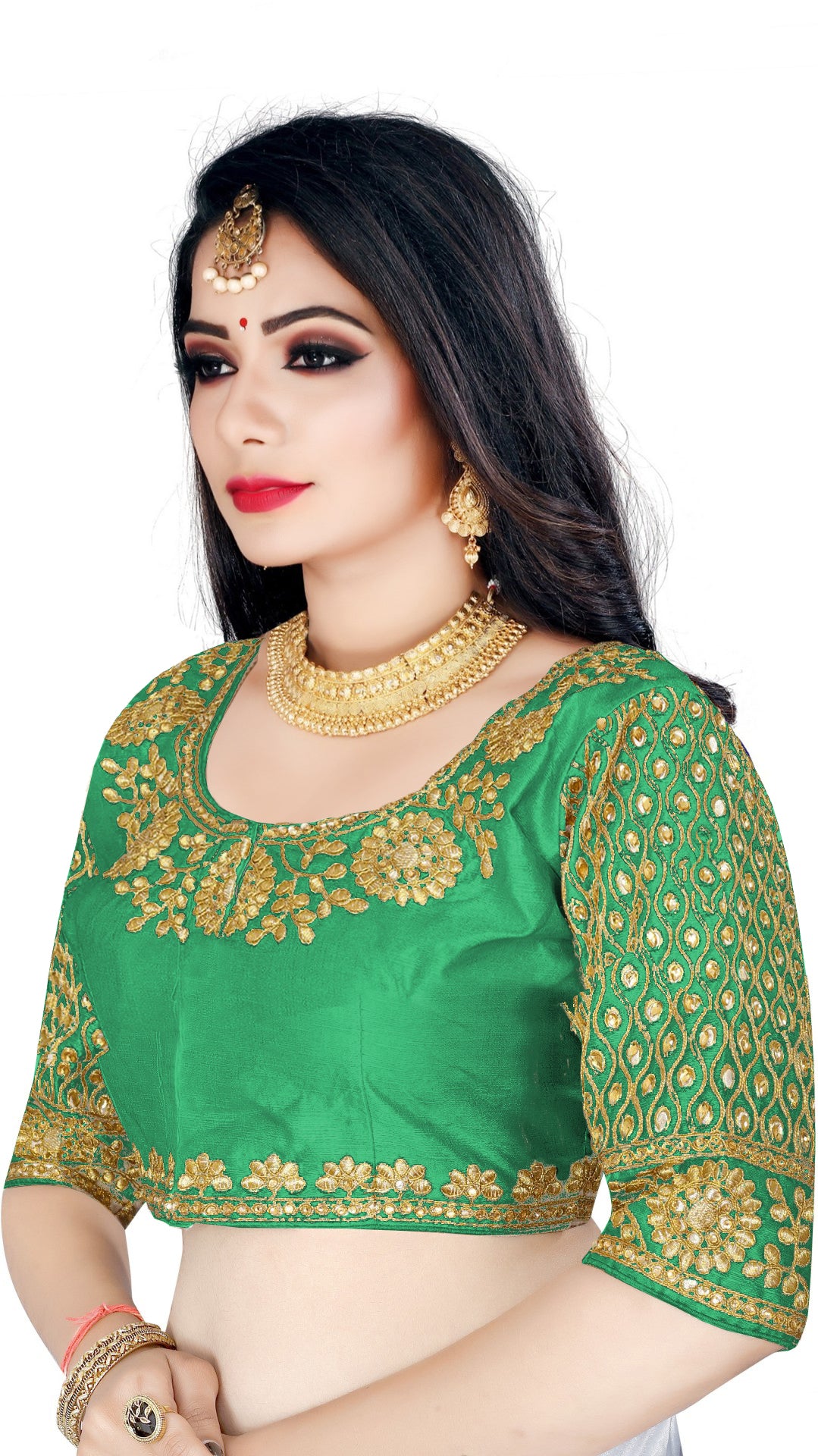 Party Wear Green Color Satin Silk Readymade Free Size Blouse